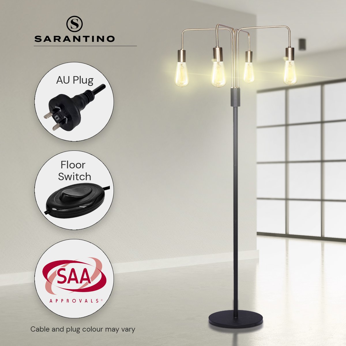 160cm 4-Light Industrial Floor Lamp, Exposed Bulbs, Brass/Black