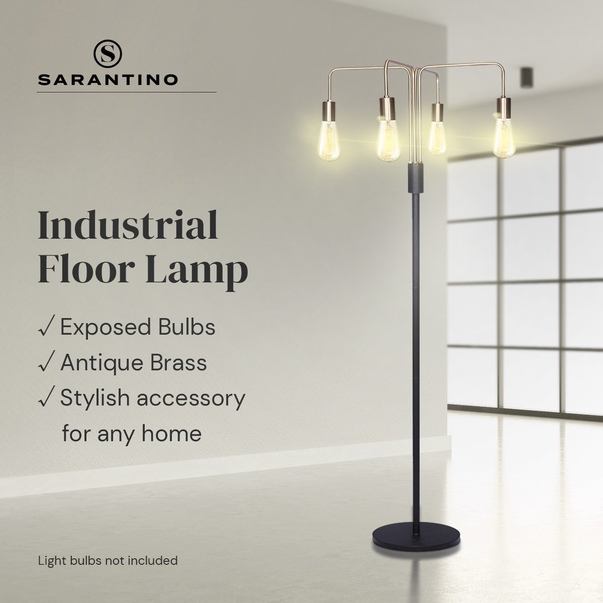 160cm 4-Light Industrial Floor Lamp, Exposed Bulbs, Brass/Black