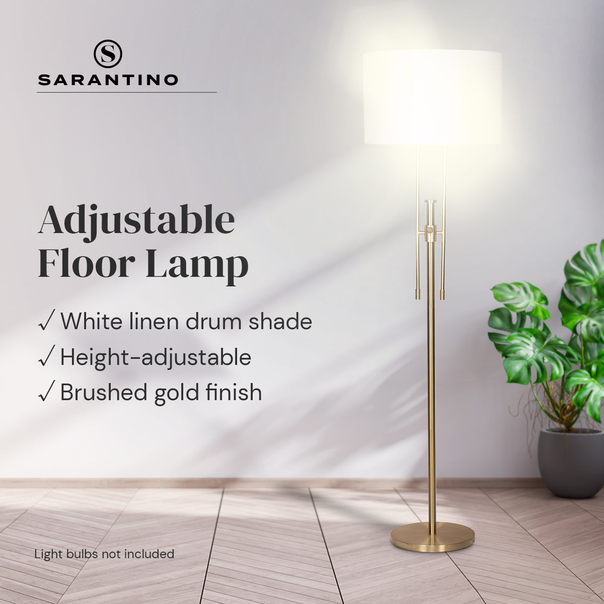 Height-Adjustable Brushed Gold Floor Lamp with Linen Shade