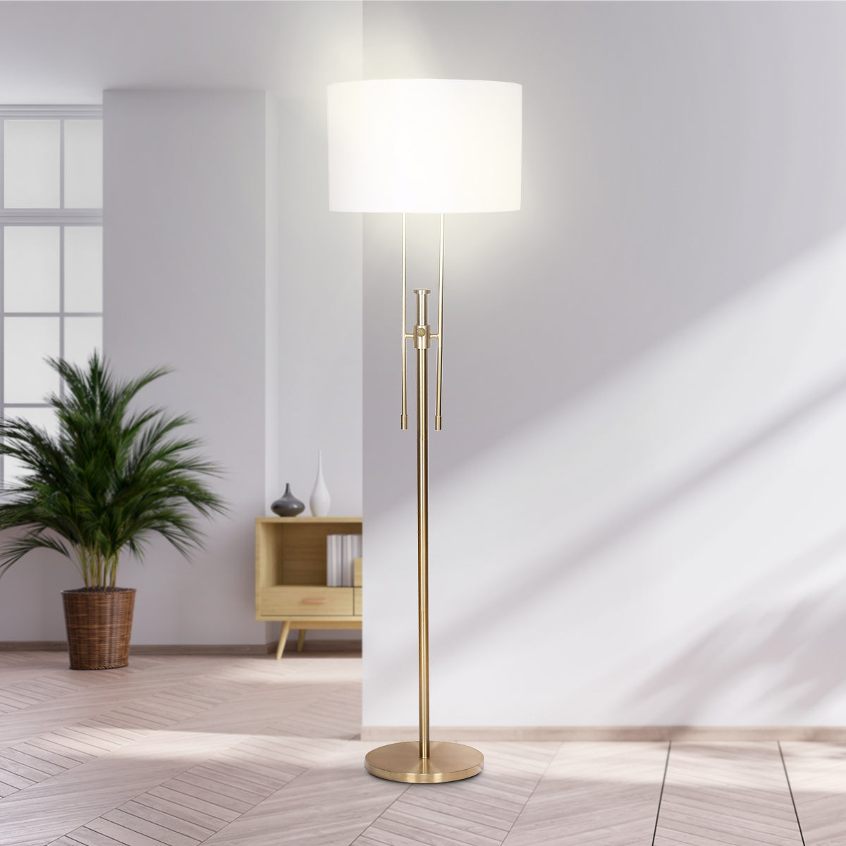 Height-Adjustable Brushed Gold Floor Lamp with Linen Shade