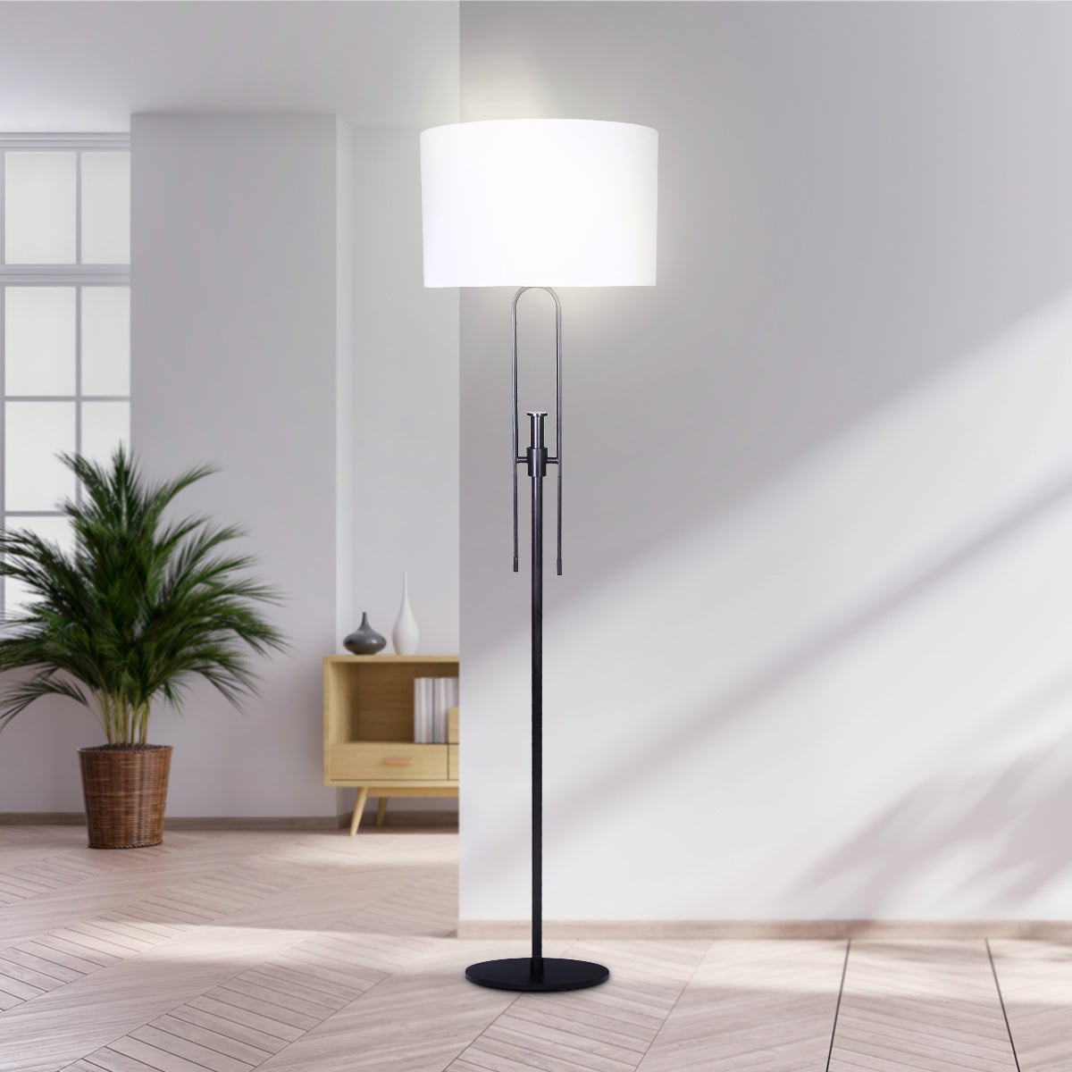 Adjustable Metal Floor Lamp, White Linen Shade, Matte Black