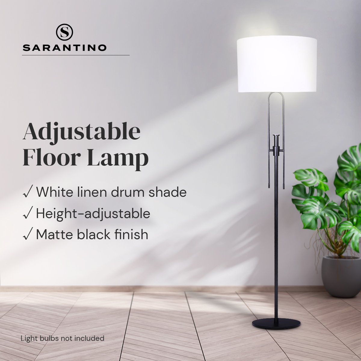 Adjustable Metal Floor Lamp, White Linen Shade, Matte Black