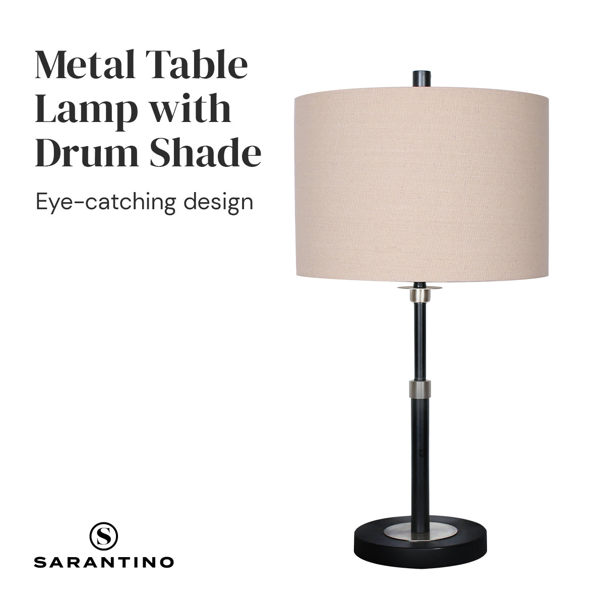 Black Metal & Linen Drum Shade Table Lamp - 64cm, Sarantino