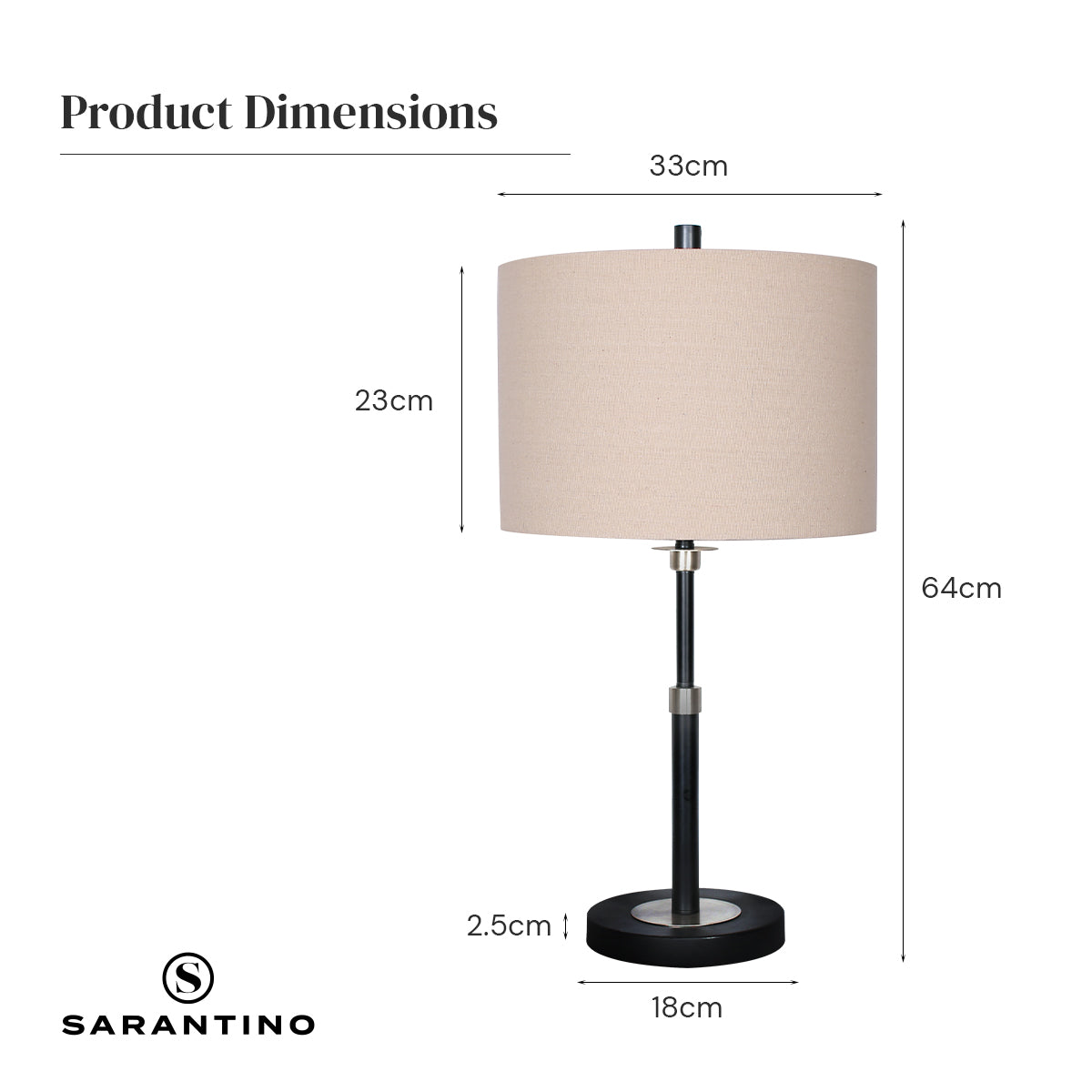 Black Metal & Linen Drum Shade Table Lamp - 64cm, Sarantino