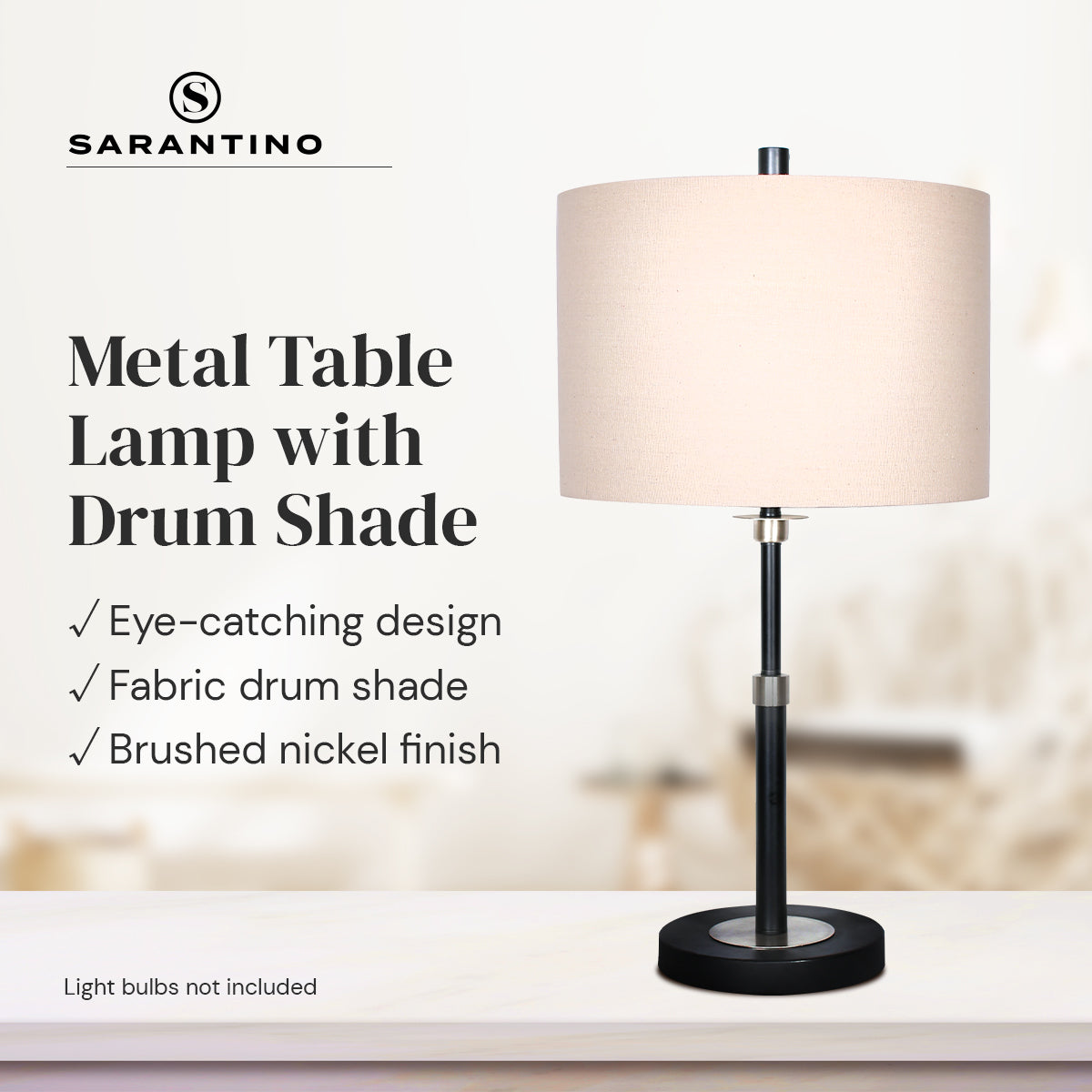 Black Metal & Linen Drum Shade Table Lamp - 64cm, Sarantino