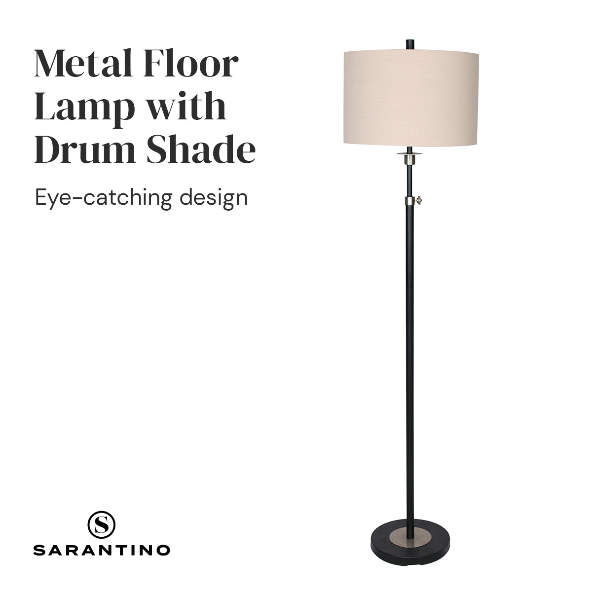 Black Metal & Cream Drum Shade Floor Lamp - Sarantino