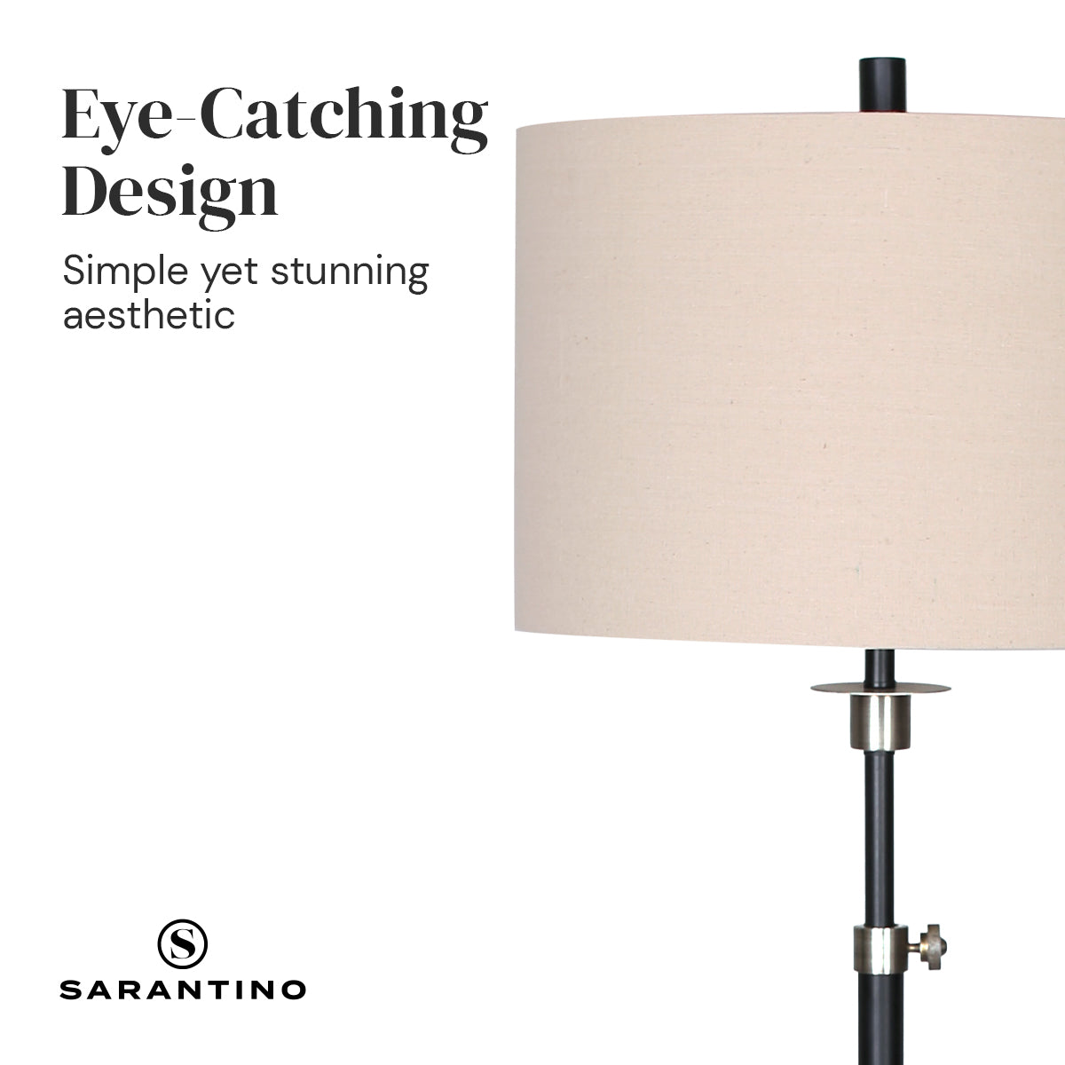 Black Metal & Cream Drum Shade Floor Lamp - Sarantino