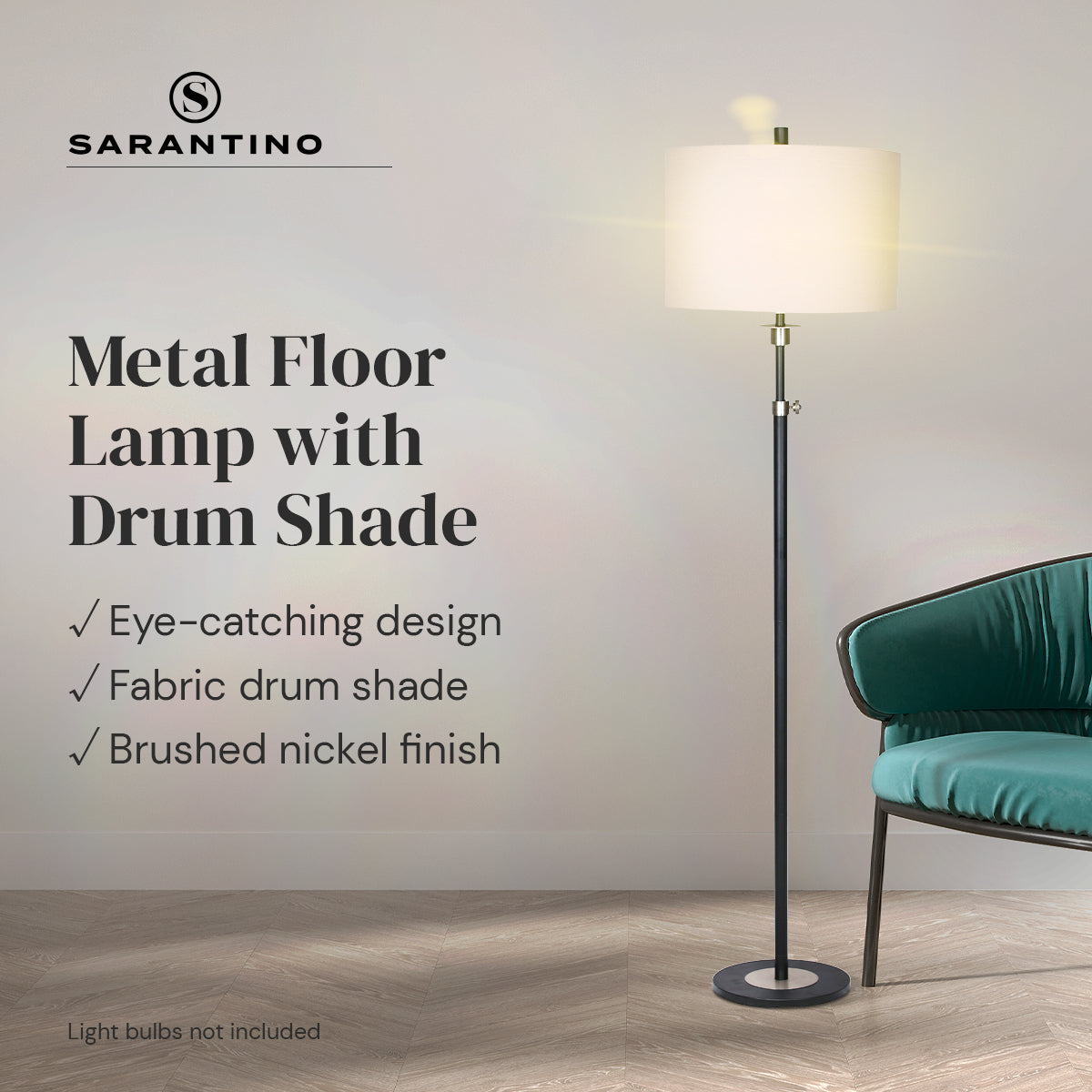 Black Metal & Cream Drum Shade Floor Lamp - Sarantino