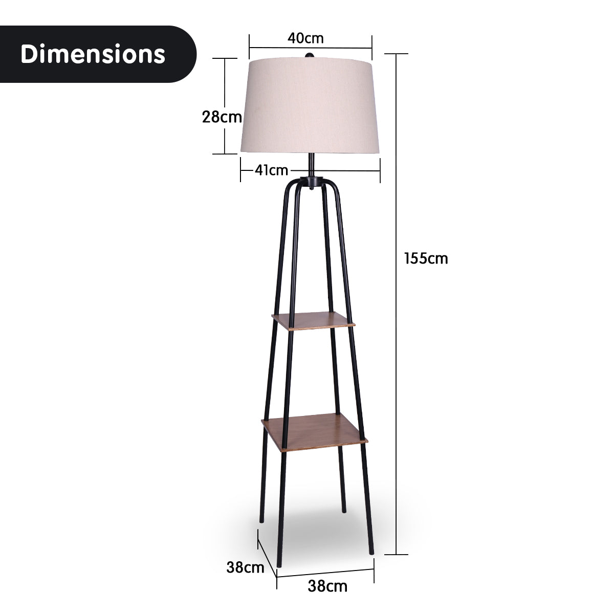 Industrial Chic Floor Lamp with Shelves, Cream Linen Shade