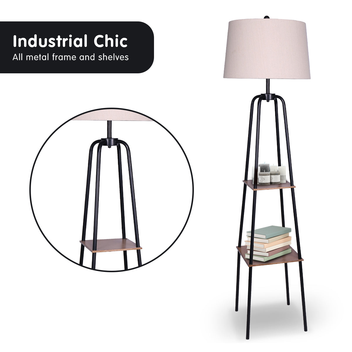 Industrial Chic Floor Lamp with Shelves, Cream Linen Shade