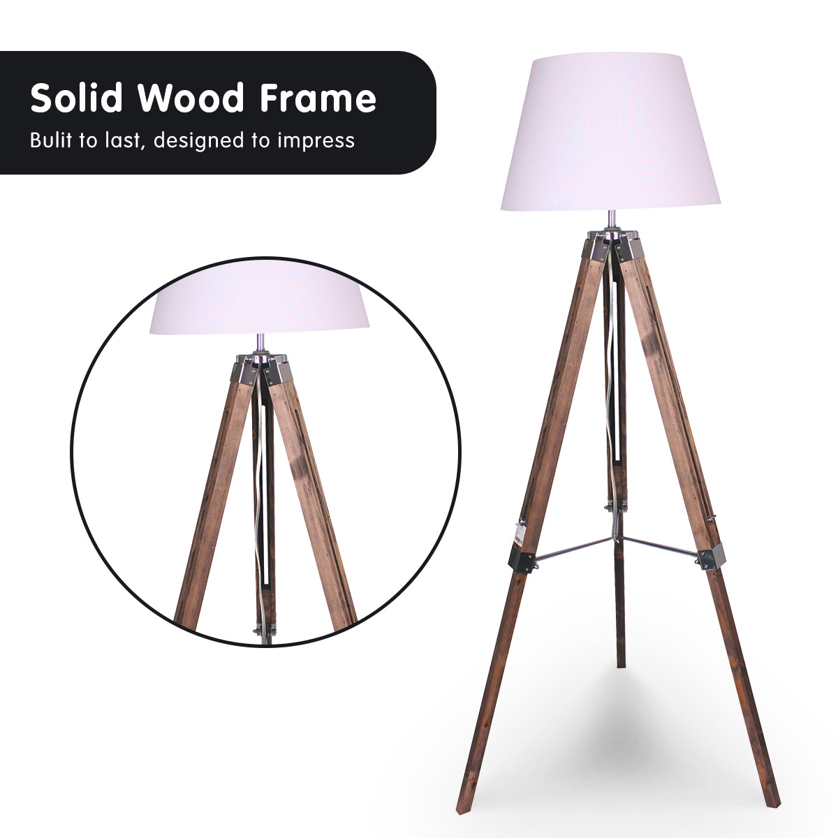 Adjustable Solid Wood Tripod Floor Lamp, White Shade