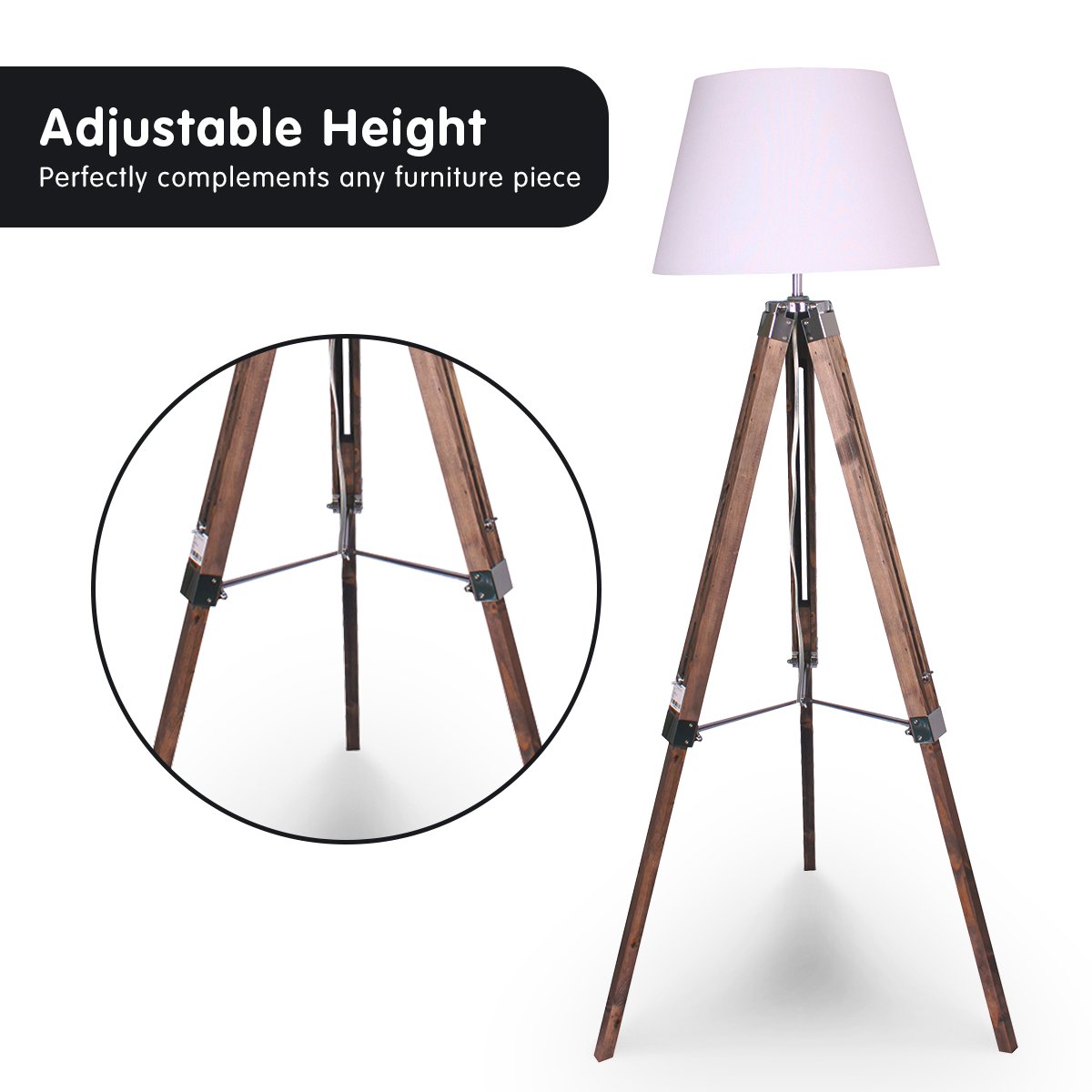 Adjustable Solid Wood Tripod Floor Lamp, White Shade