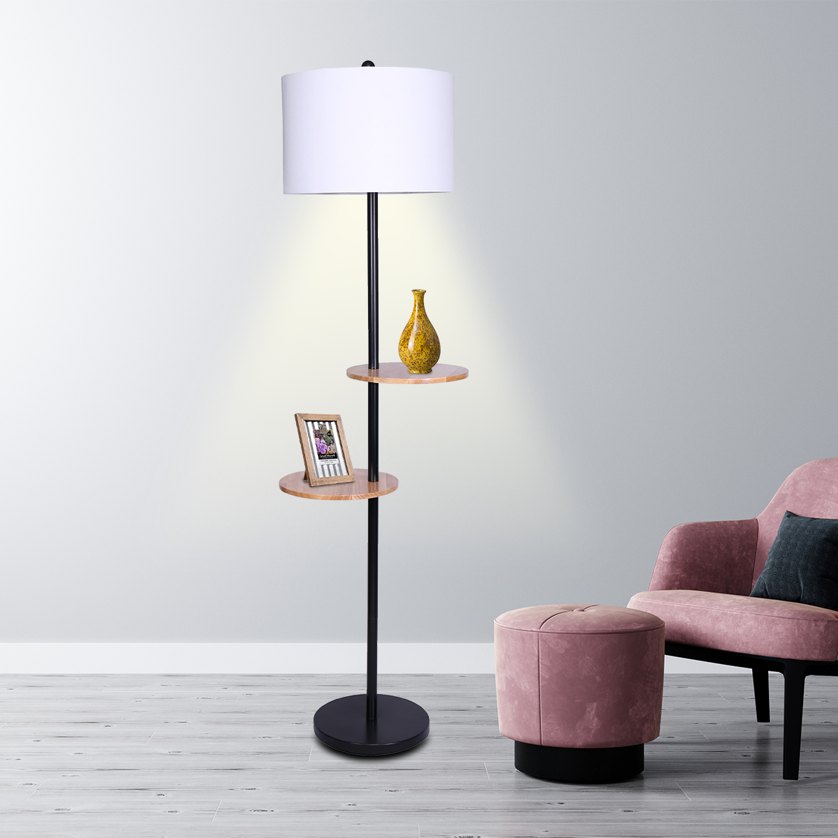 Modern Floor Lamp with Drum Shade & Shelves, Sarantino