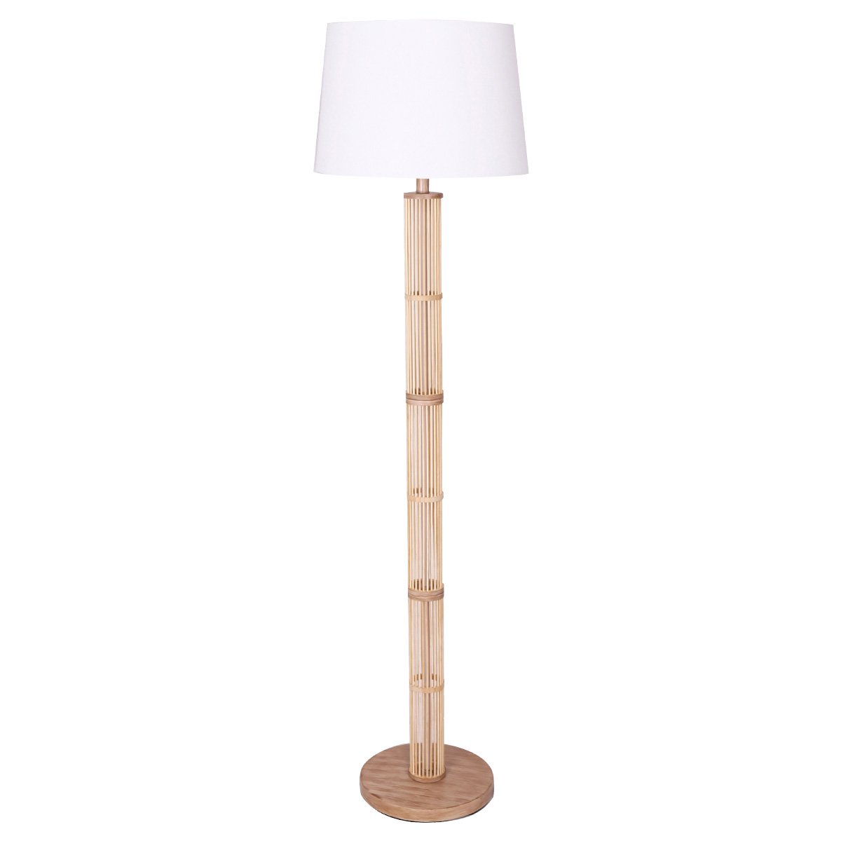 Rattan Floor Lamp, Off-White Linen Shade, Wood Base - Sarantino