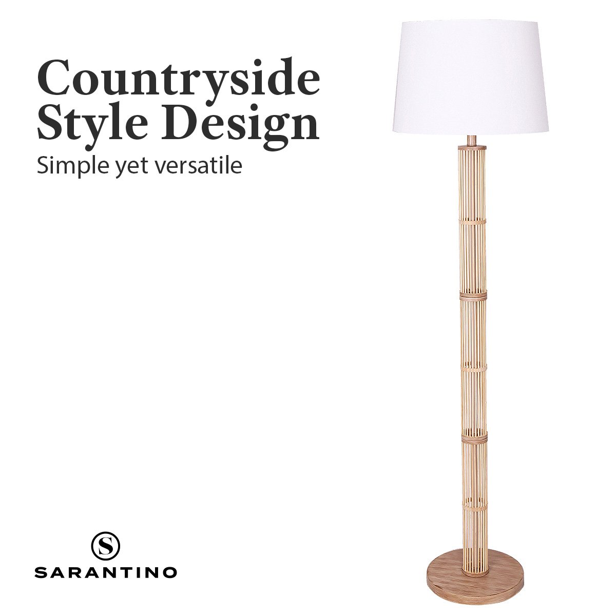 Rattan Floor Lamp, Off-White Linen Shade, Wood Base - Sarantino