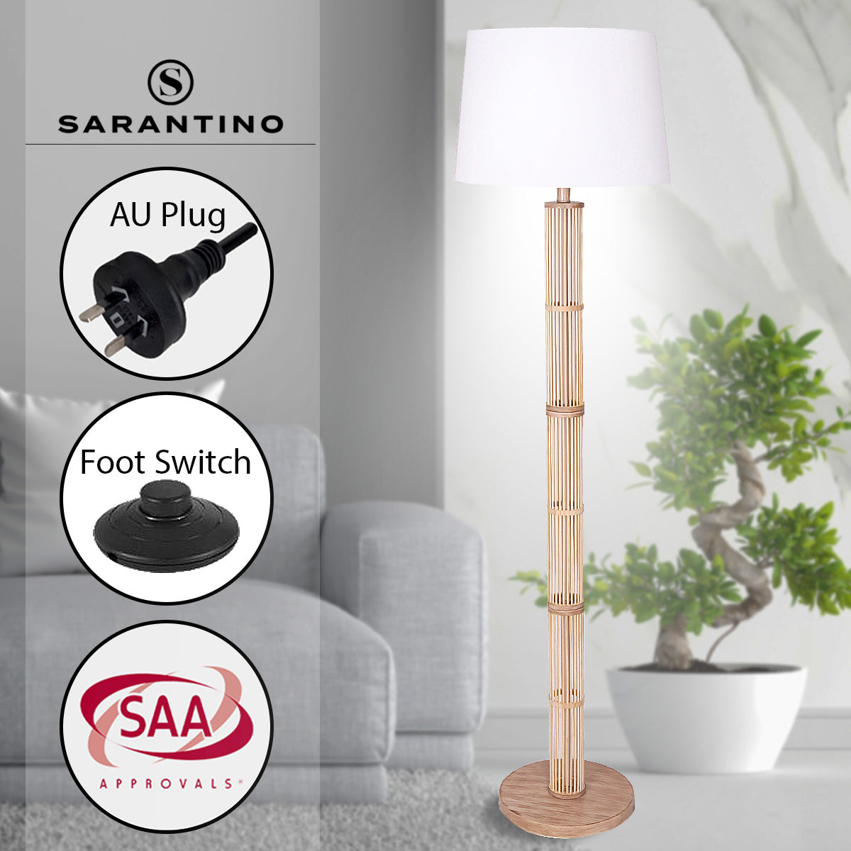 Rattan Floor Lamp, Off-White Linen Shade, Wood Base - Sarantino