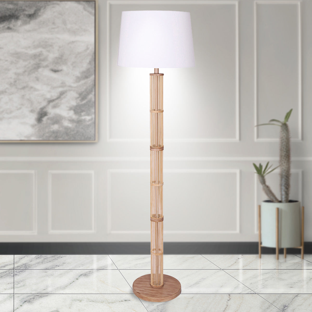 Rattan Floor Lamp, Off-White Linen Shade, Wood Base - Sarantino