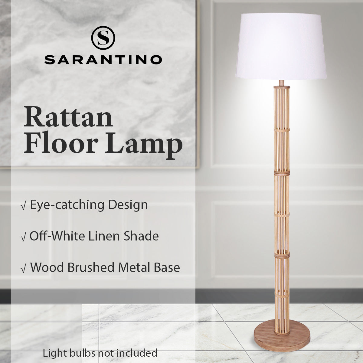 Rattan Floor Lamp, Off-White Linen Shade, Wood Base - Sarantino