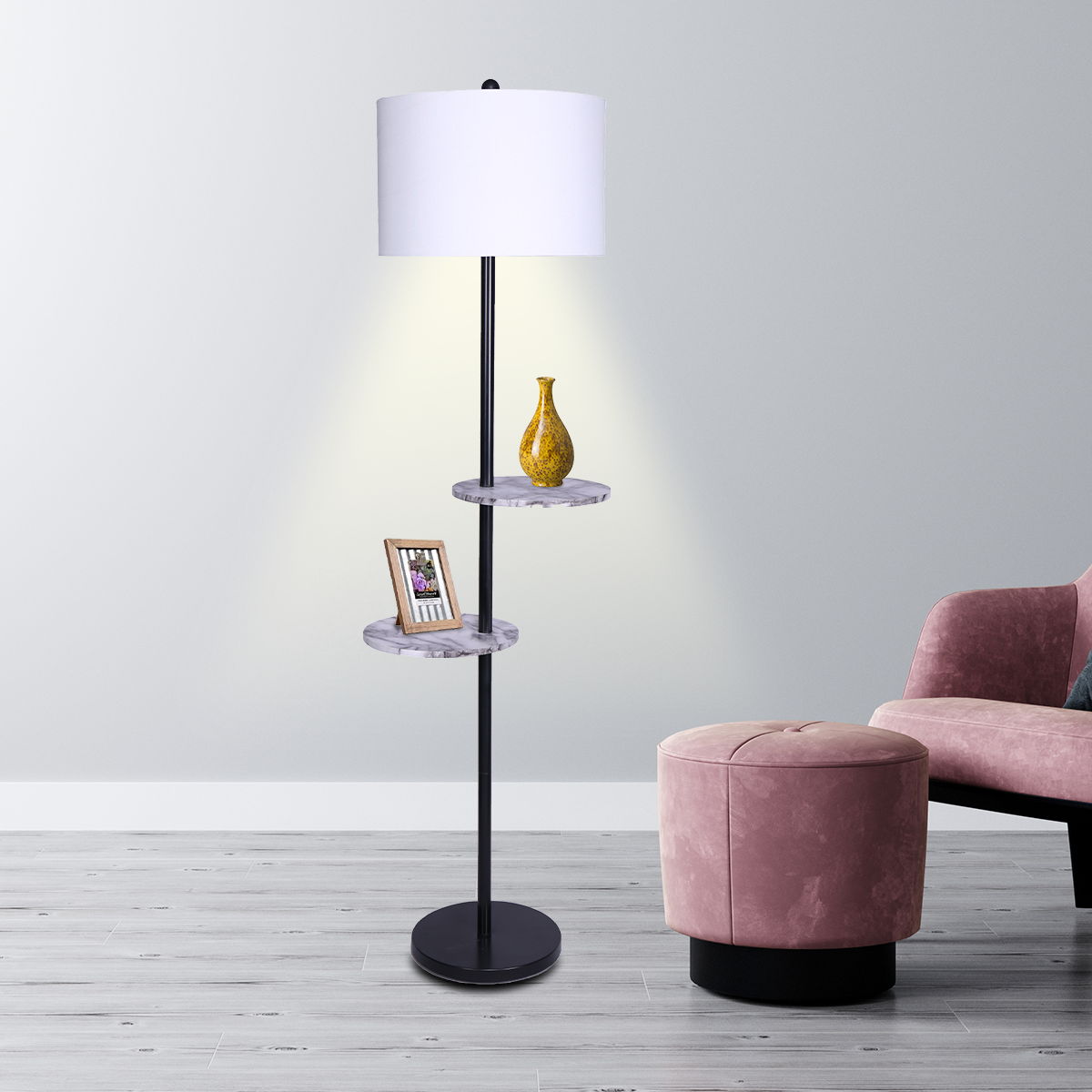 Modern Shelf Floor Lamp w/ Marble-Effect Shelves, White Shade