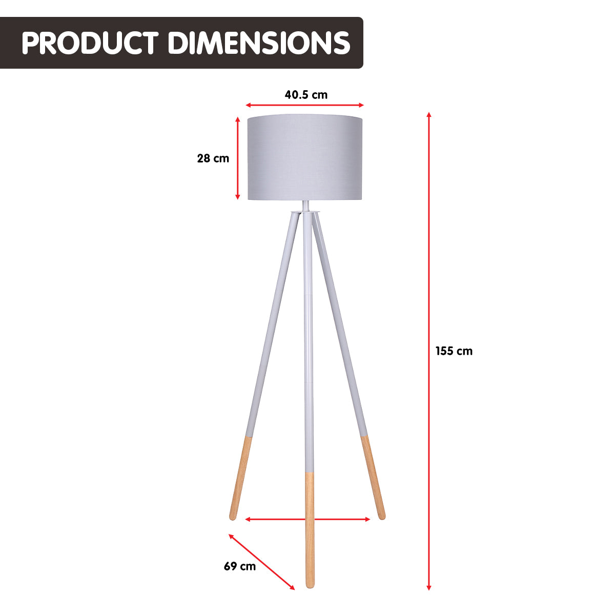 Adjustable Arc Floor Lamp, Grey Shade, Wood Legs, 155cm Sarantino