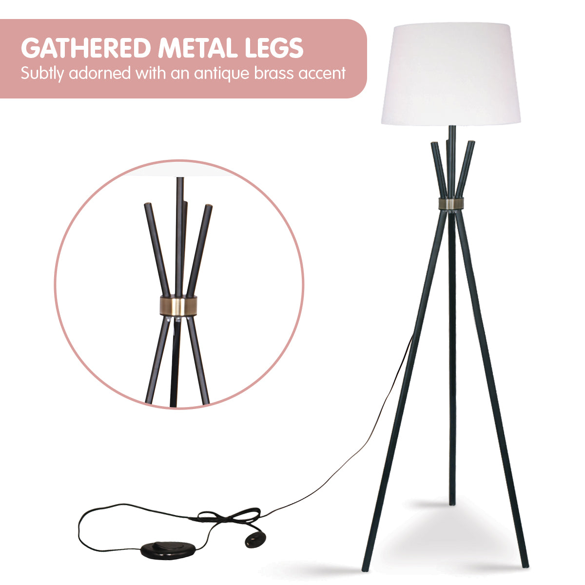 Mid-Century Metal Tripod Floor Lamp, Linen Shade - Sarantino