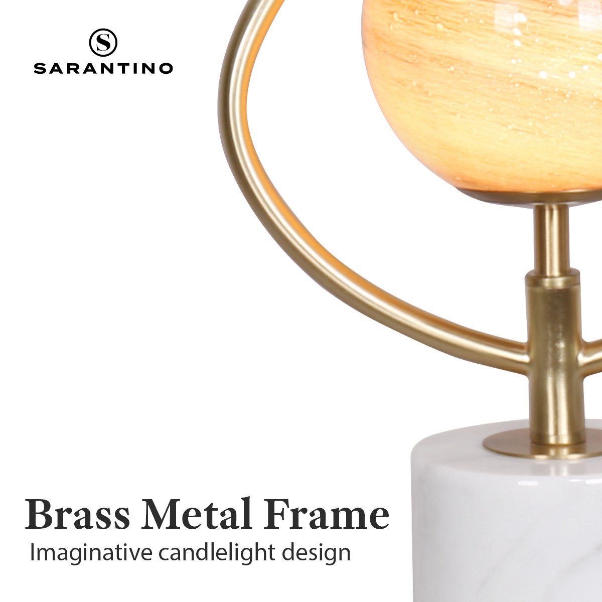 Orange Glass Table Lamp, Marble Base, Brass Accents - Sarantino