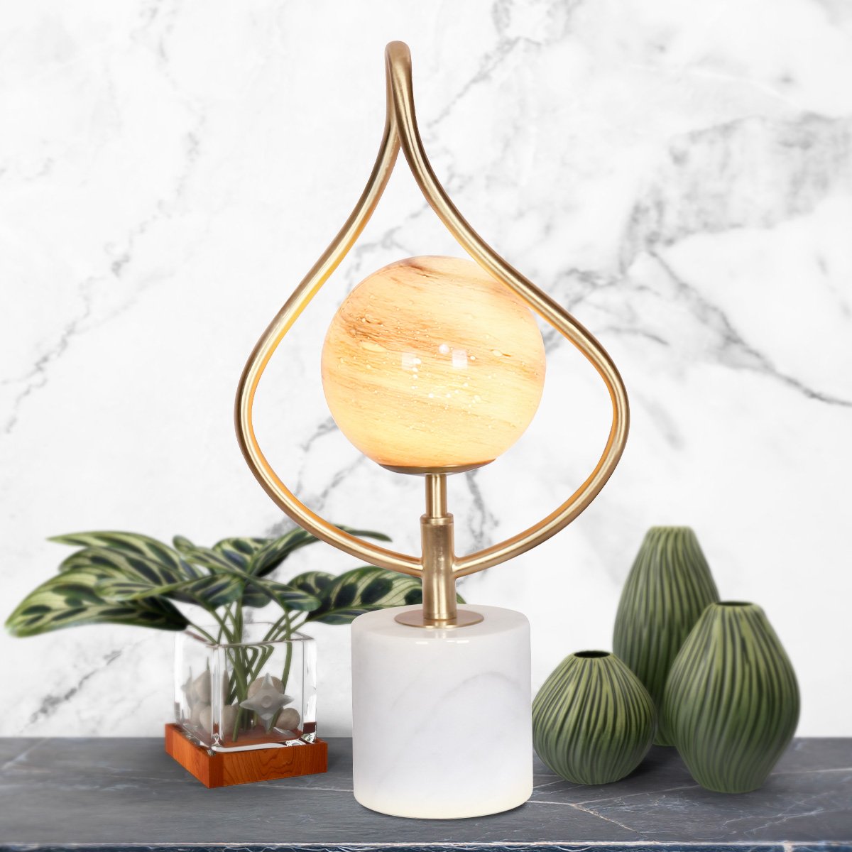 Orange Glass Table Lamp, Marble Base, Brass Accents - Sarantino