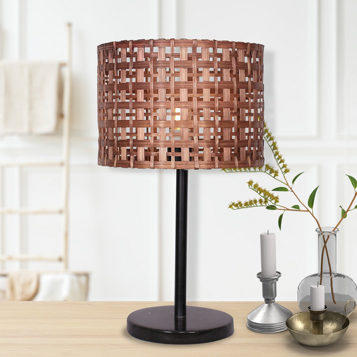 Natural Rattan Desk Lamp, Black Marble Base, Metal Stand