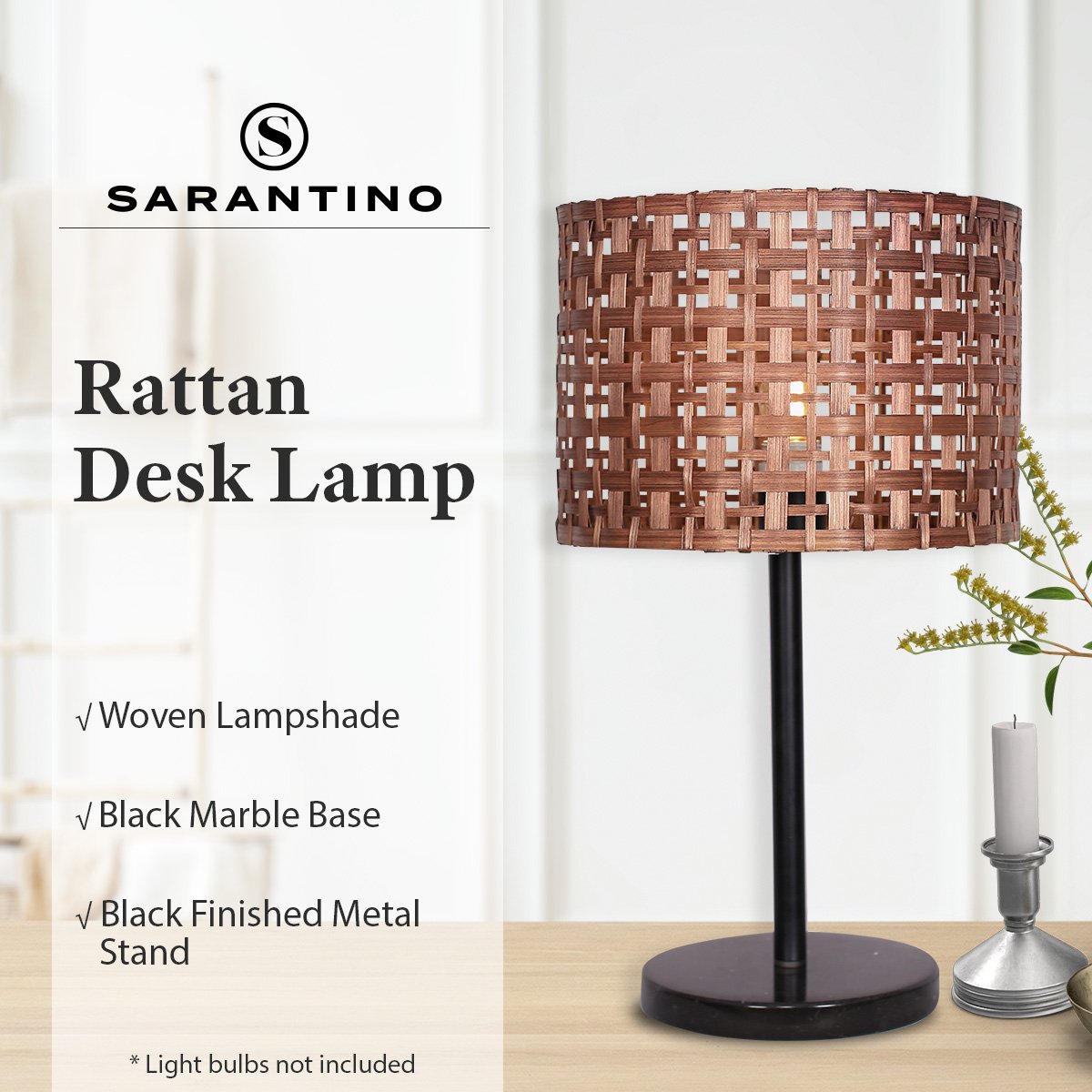 Natural Rattan Desk Lamp, Black Marble Base, Metal Stand