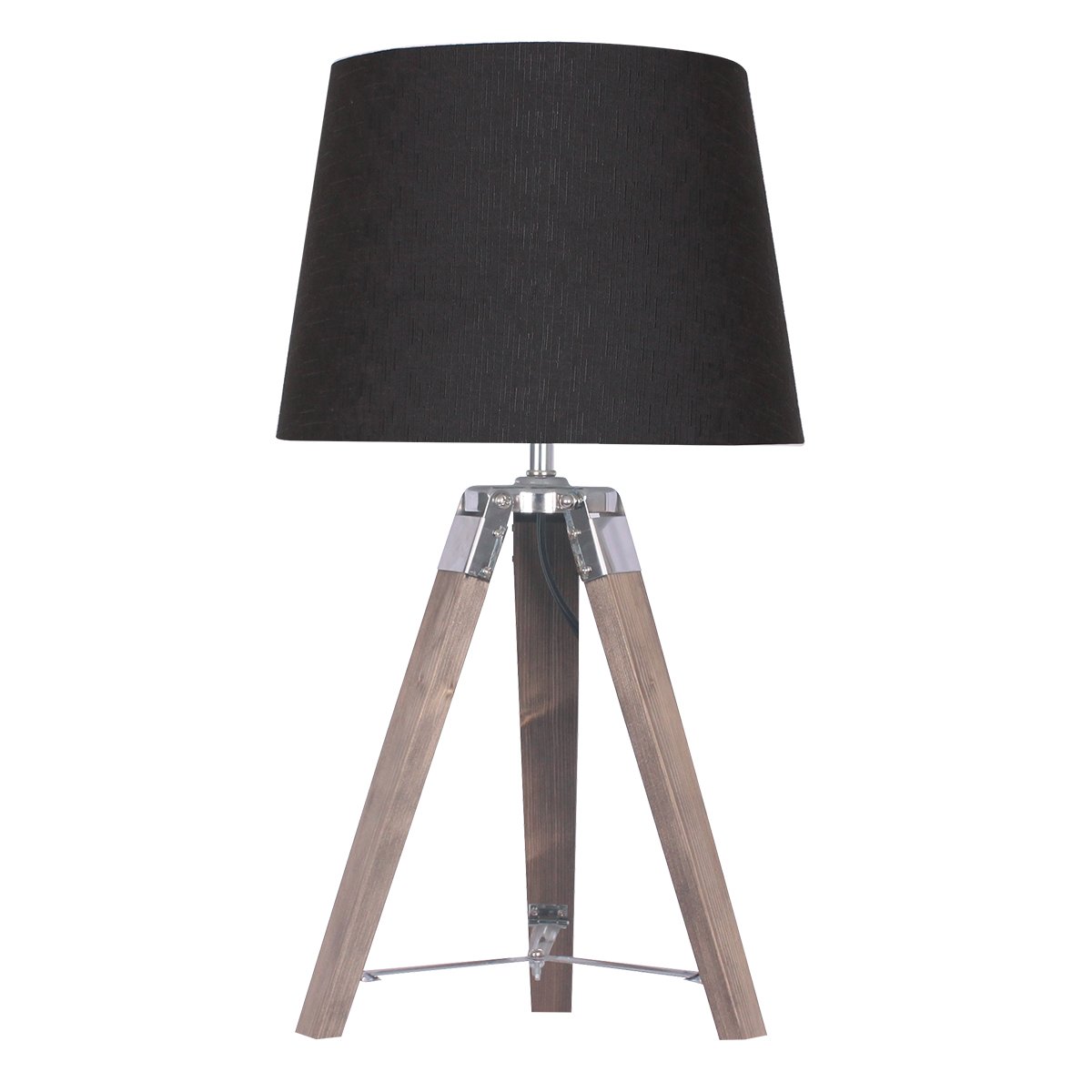 Modern Tripod Table Lamp, Black Shade, Rustic Wood Legs