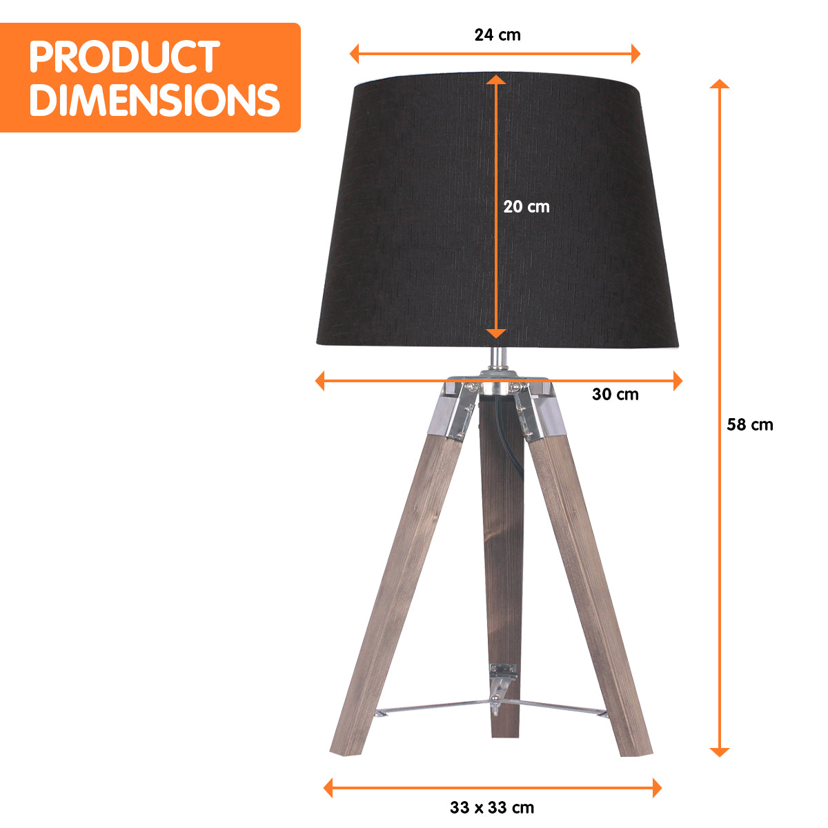 Modern Tripod Table Lamp, Black Shade, Rustic Wood Legs