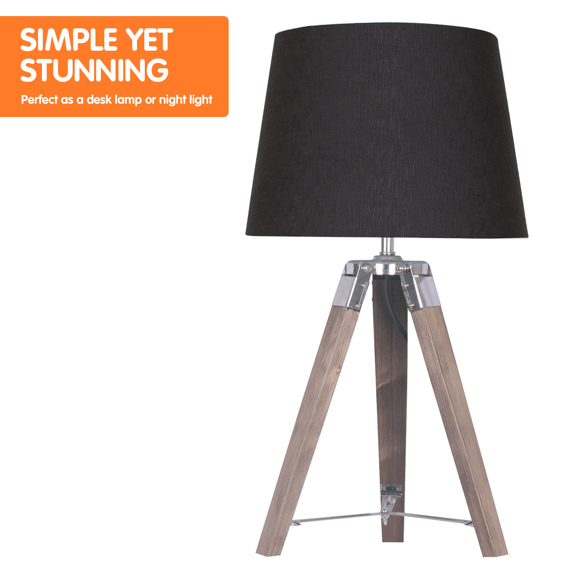 Modern Tripod Table Lamp, Black Shade, Rustic Wood Legs