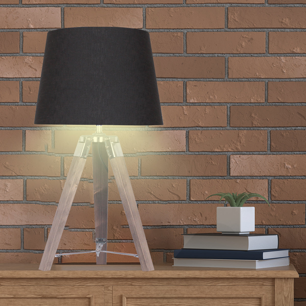 Modern Tripod Table Lamp, Black Shade, Rustic Wood Legs