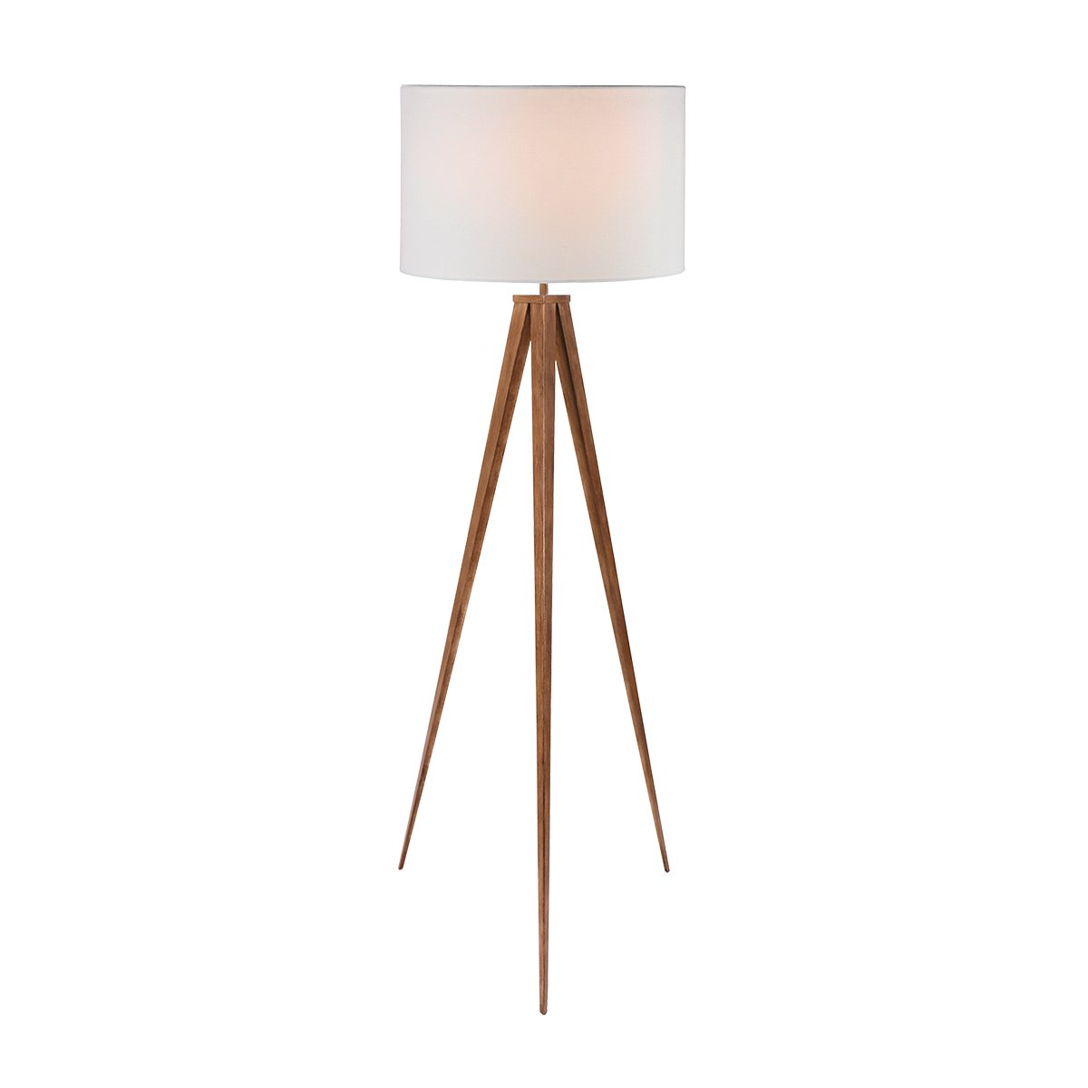 Wood-Finish Metal Tripod Floor Lamp, White Drum Shade, Sarantino