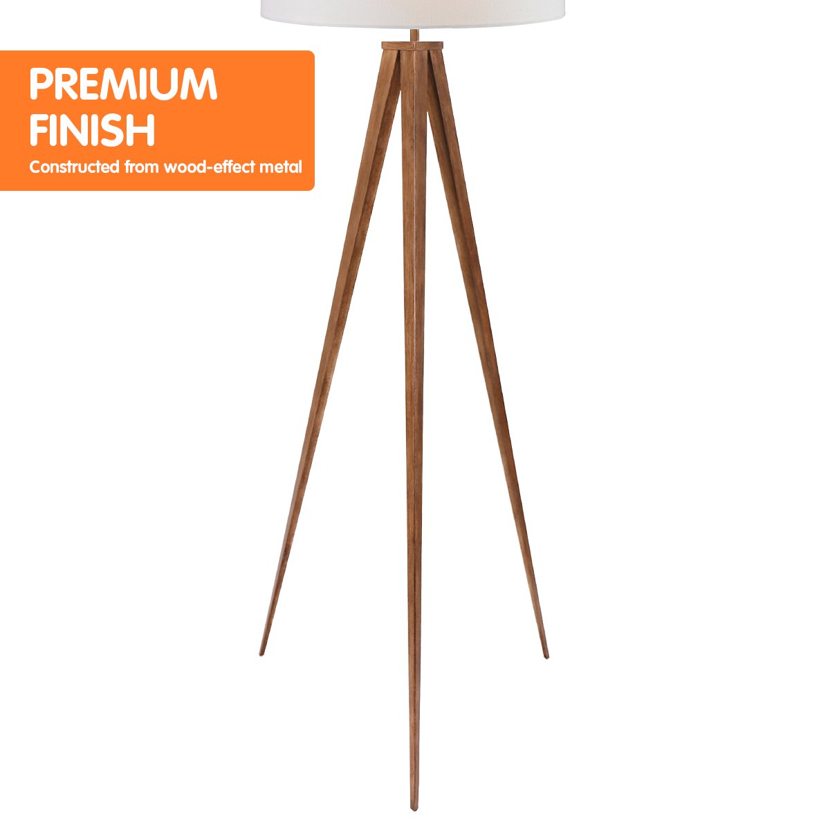 Wood-Finish Metal Tripod Floor Lamp, White Drum Shade, Sarantino