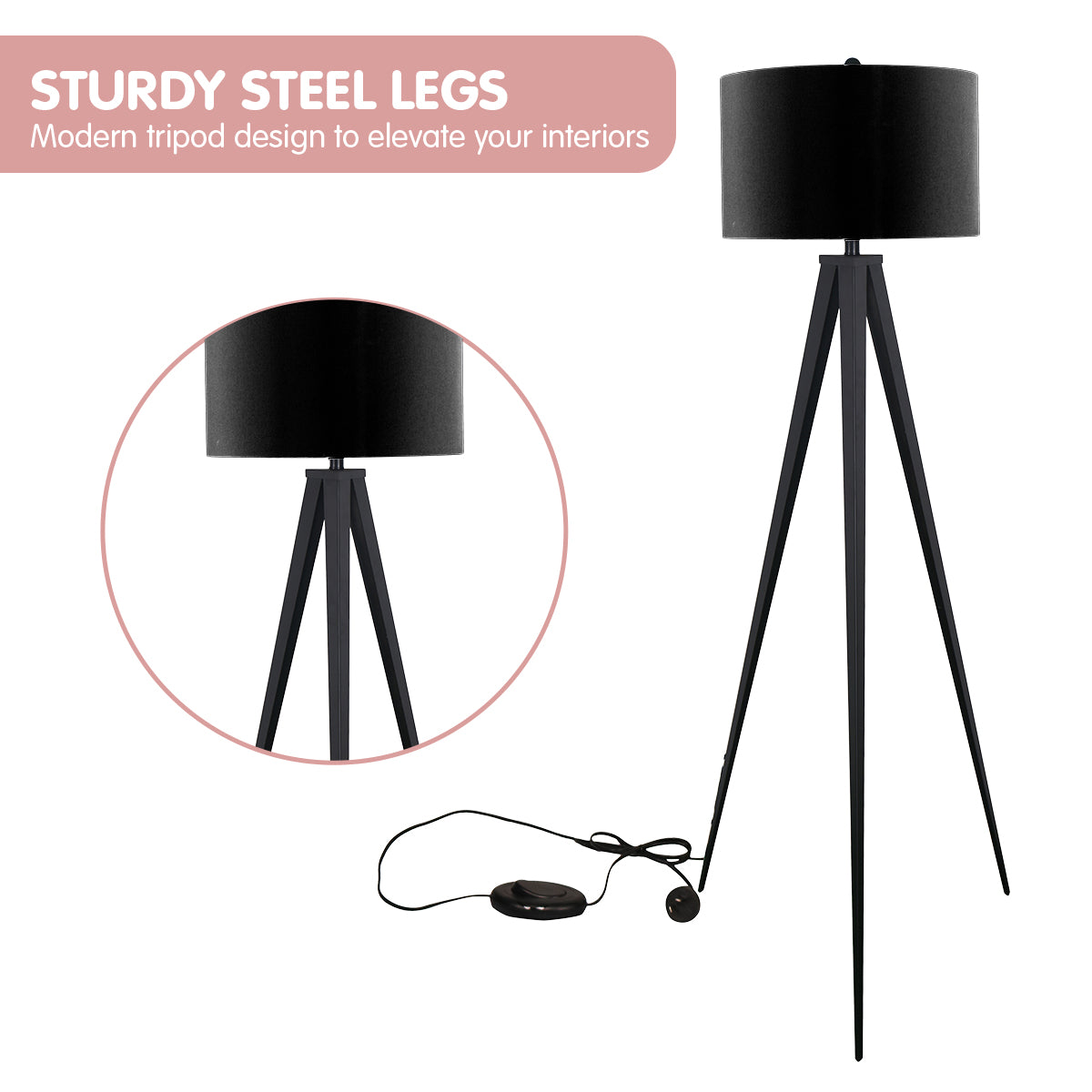 Minimalist Tripod Floor Lamp, Steel Legs, Black - Sarantino