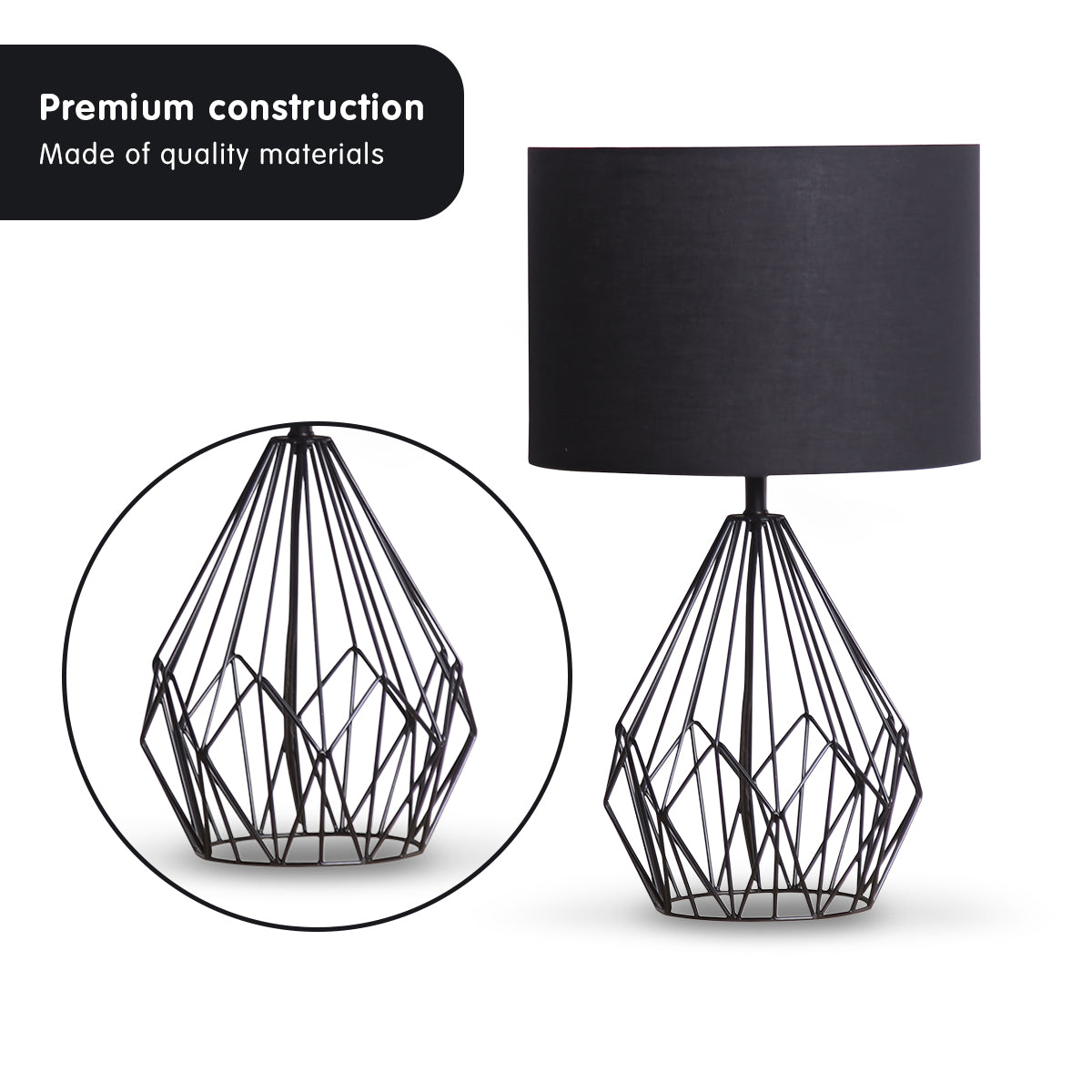 Geometric Black Table Lamp, Black Drum Shade - Sarantino