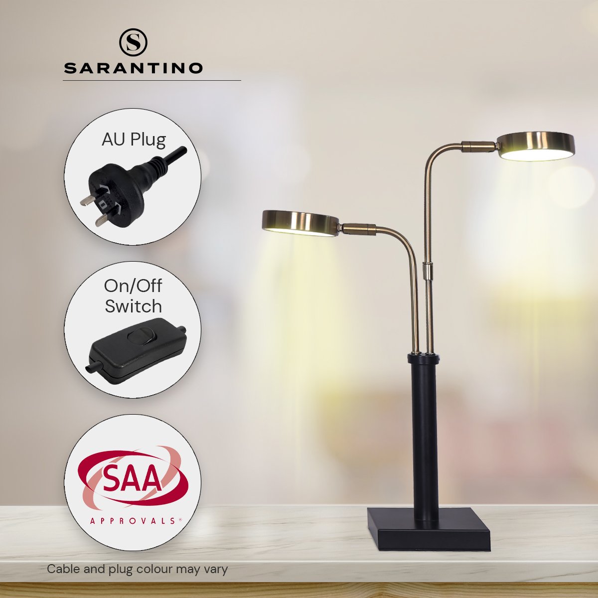 Adjustable LED Table Lamp with Dual Lights Gold Black Finish