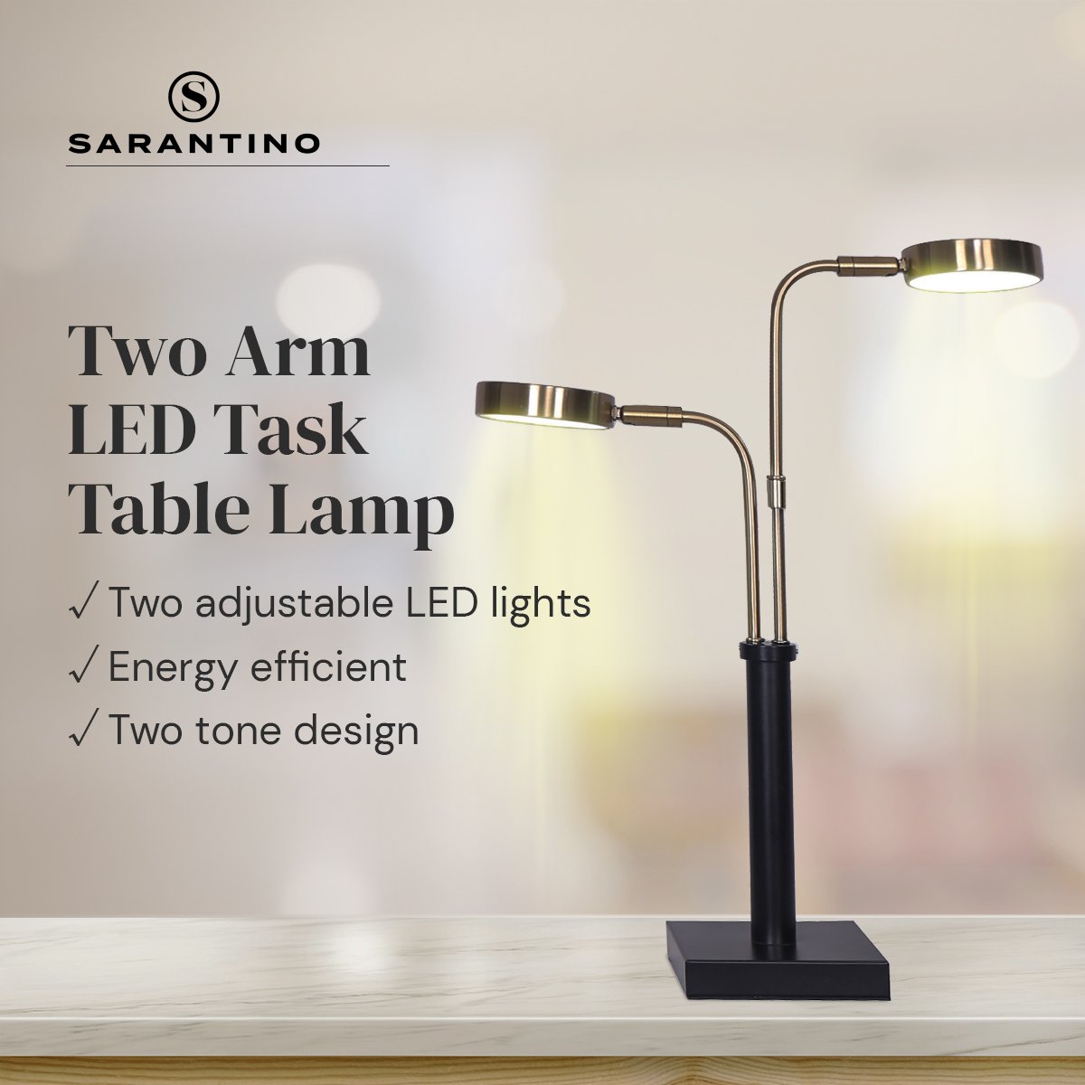 Adjustable LED Table Lamp with Dual Lights Gold Black Finish