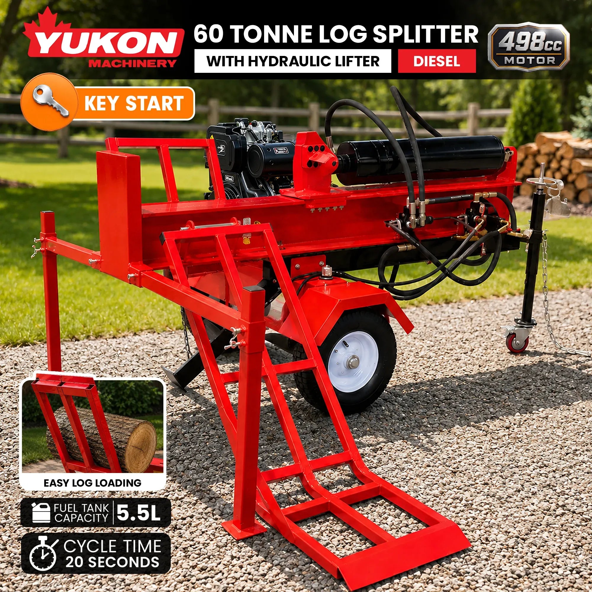 Yukon 60 Tonne Diesel Log Splitter with Hydraulic Lift 498cc Electric Key Start