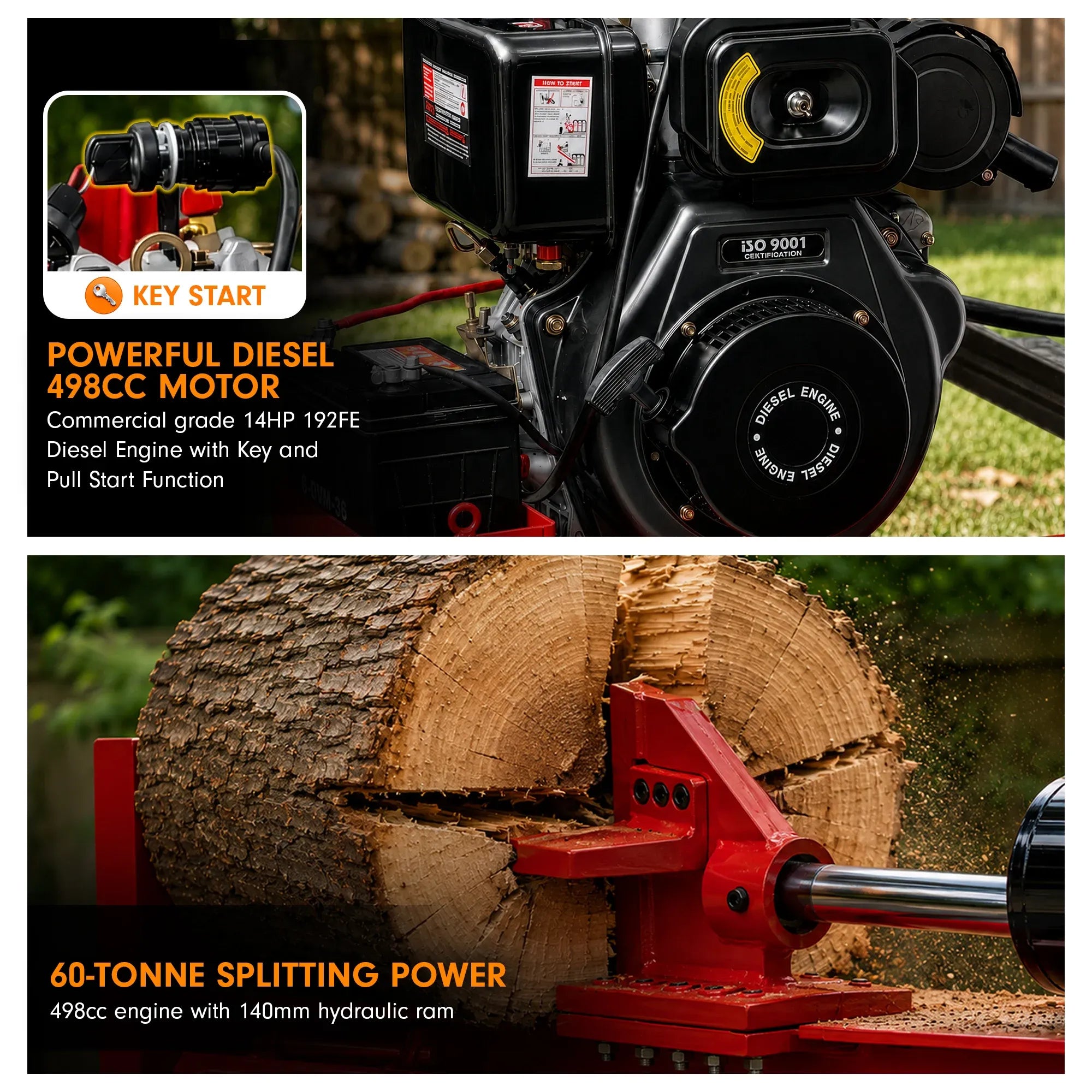 Yukon 60 Tonne Diesel Log Splitter with Hydraulic Lift 498cc Electric Key Start