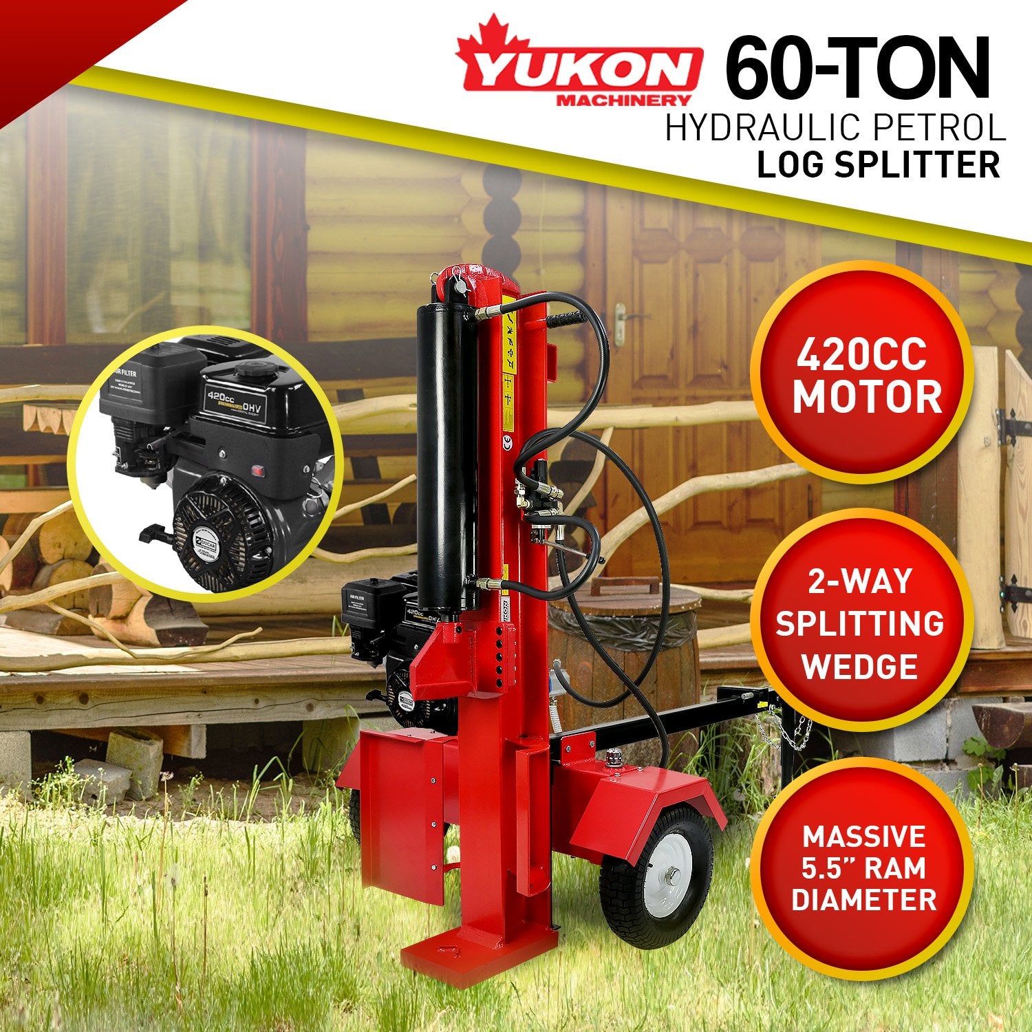 Yukon 60 Ton Hydraulic Log Splitter 420cc Petrol Engine