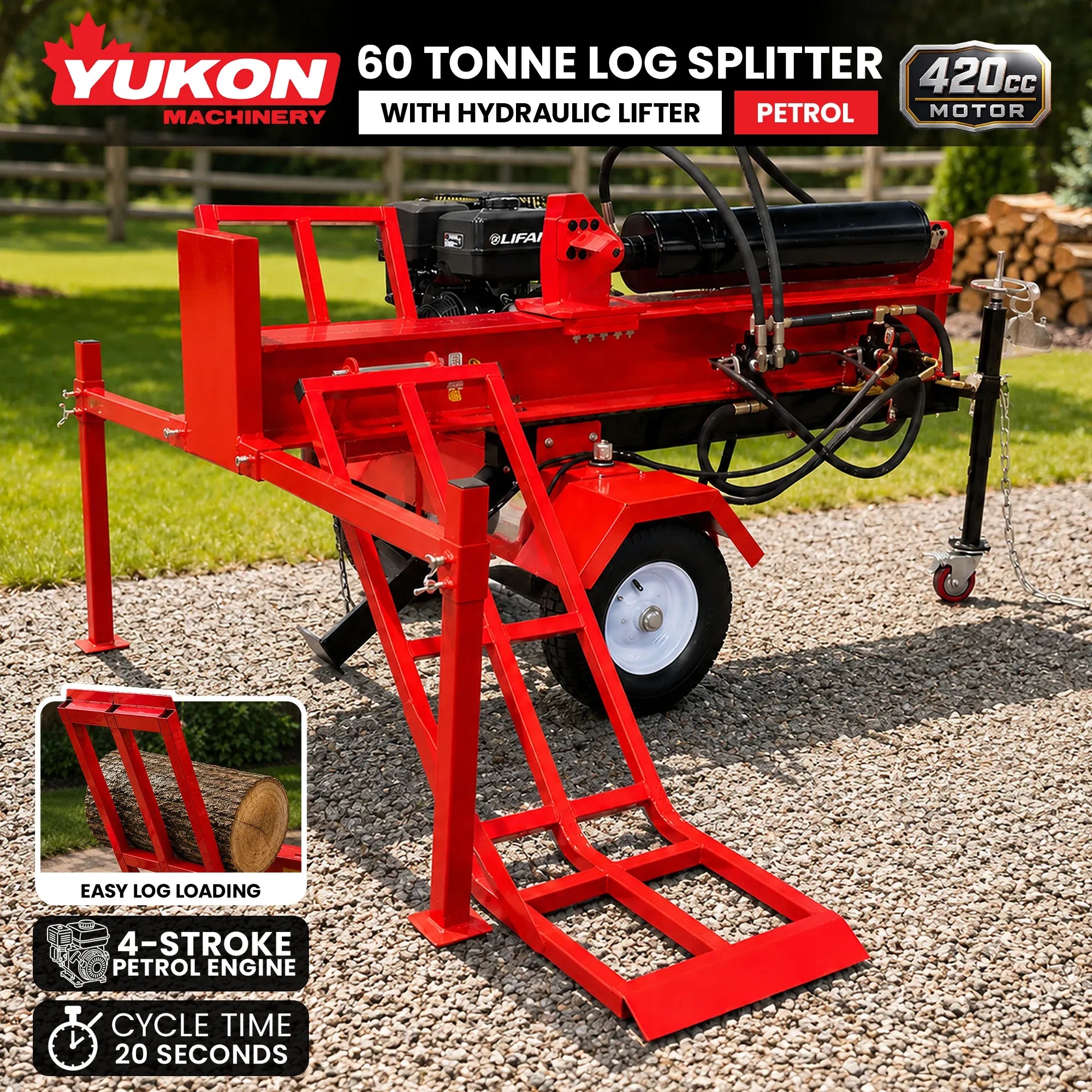 Yukon 60 Tonne Petrol Log Splitter with Hydraulic Lift 420cc