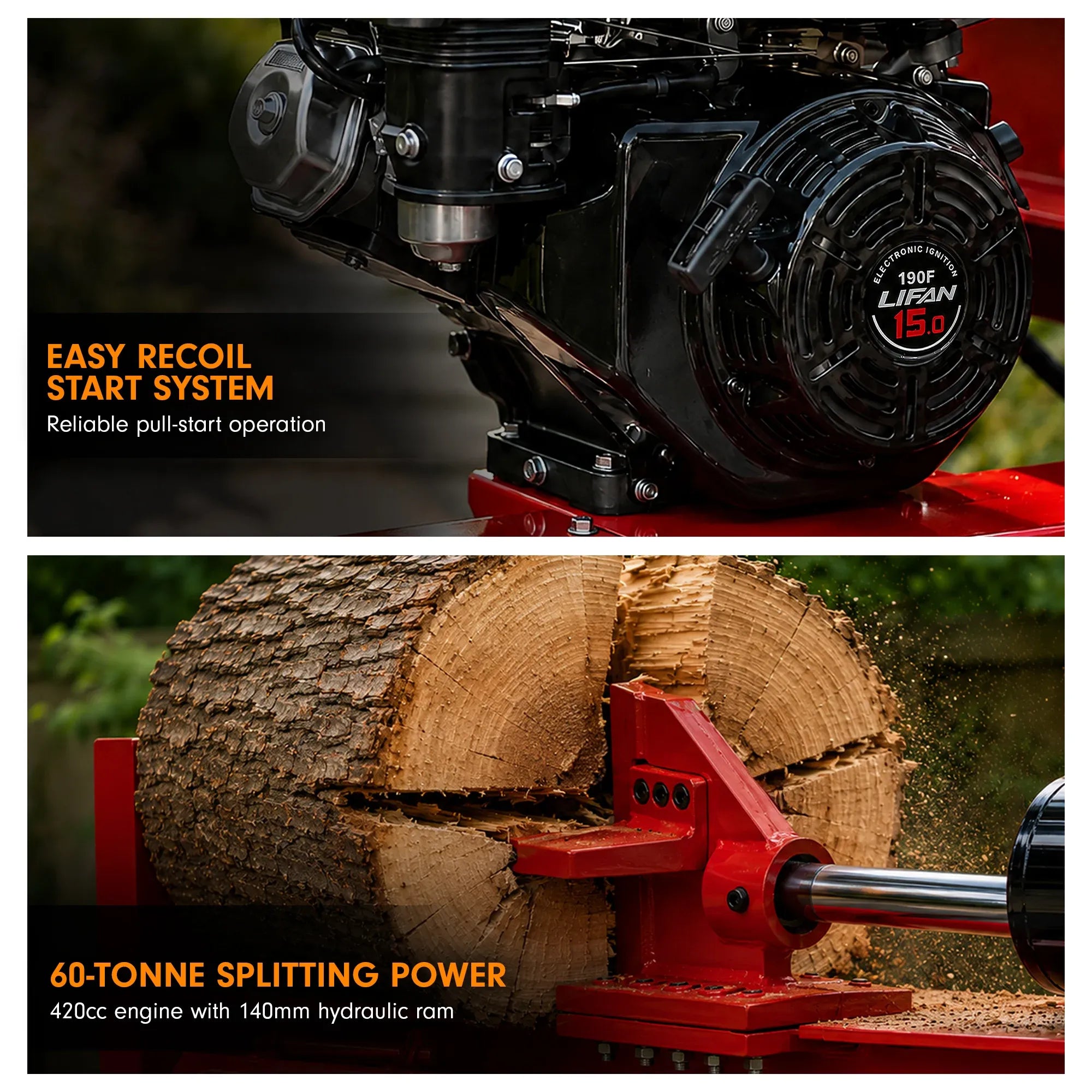 Yukon 60 Tonne Petrol Log Splitter with Hydraulic Lift 420cc