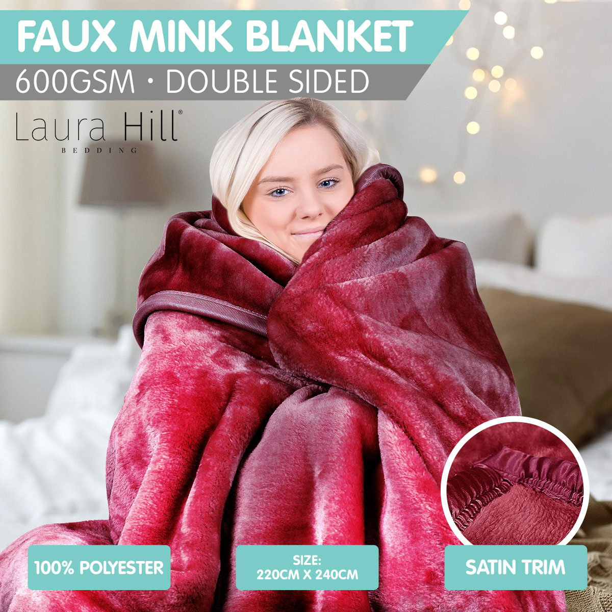 Double-Sided Queen Size Mink Blanket 220x240cm Polyester Laura Hill