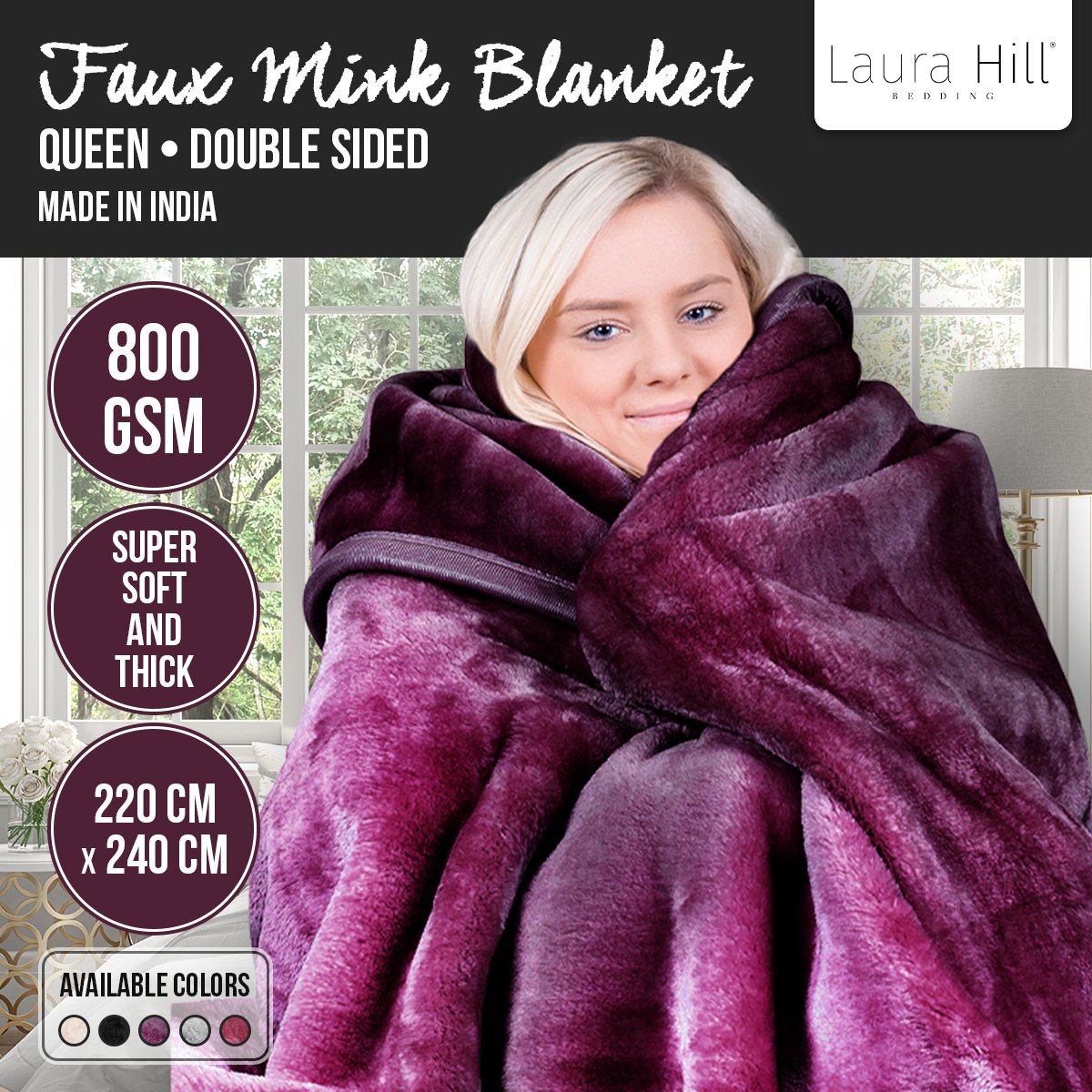 Double-Sided Heavy Faux Mink Throw Rug 220x240cm 800gsm - Laura Hill