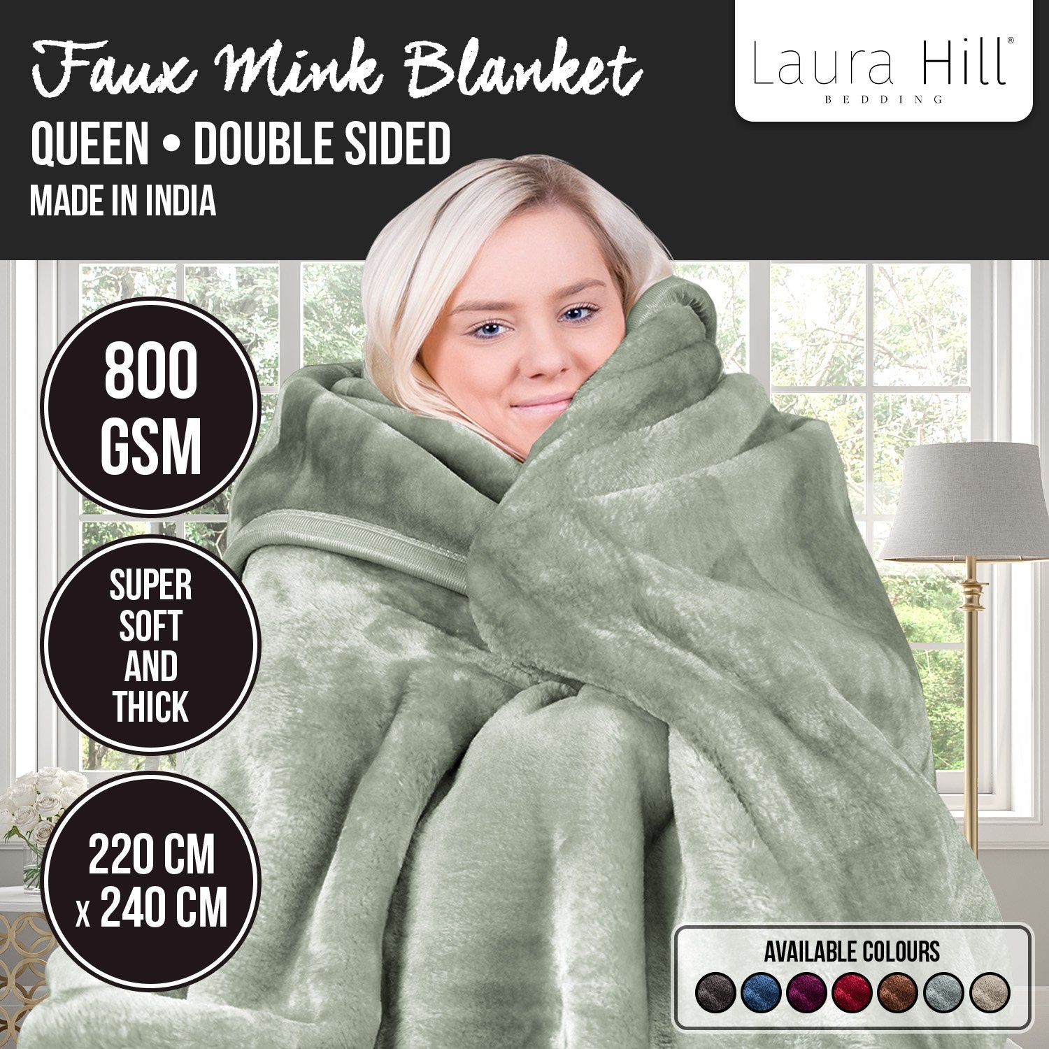 Laura Hill Queen Mink Blanket 800GSM Double-Sided Plush Sage