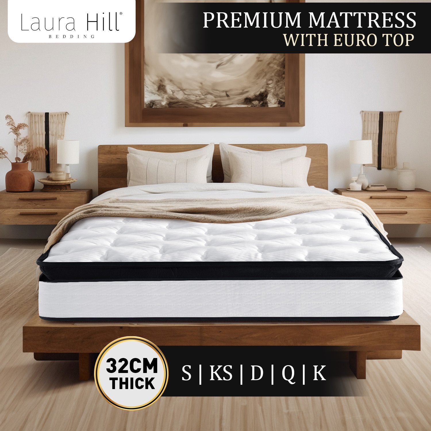 King Mattress 5 Zone Spring Foam Euro Top 32cm - Laura Hill