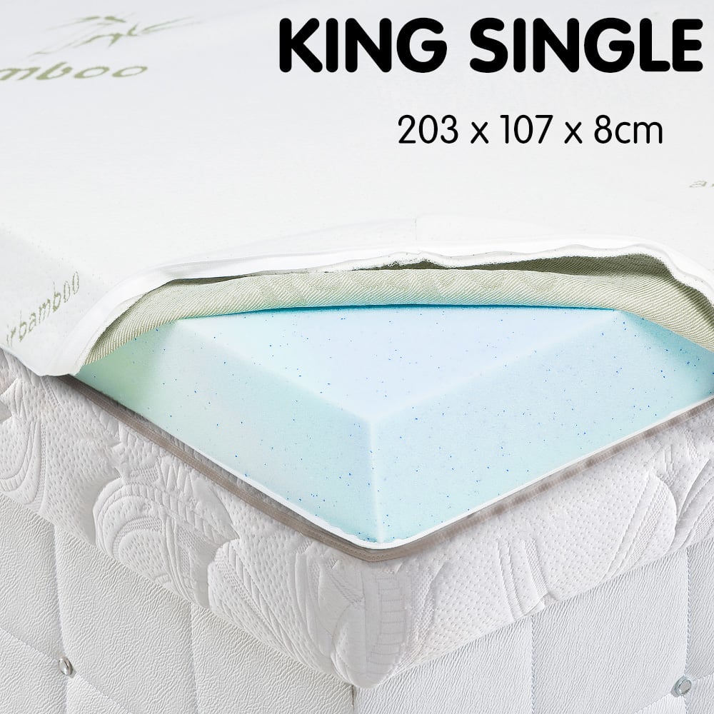 Cool Gel Memory Foam Mattress Topper, Bamboo Cover - King Single