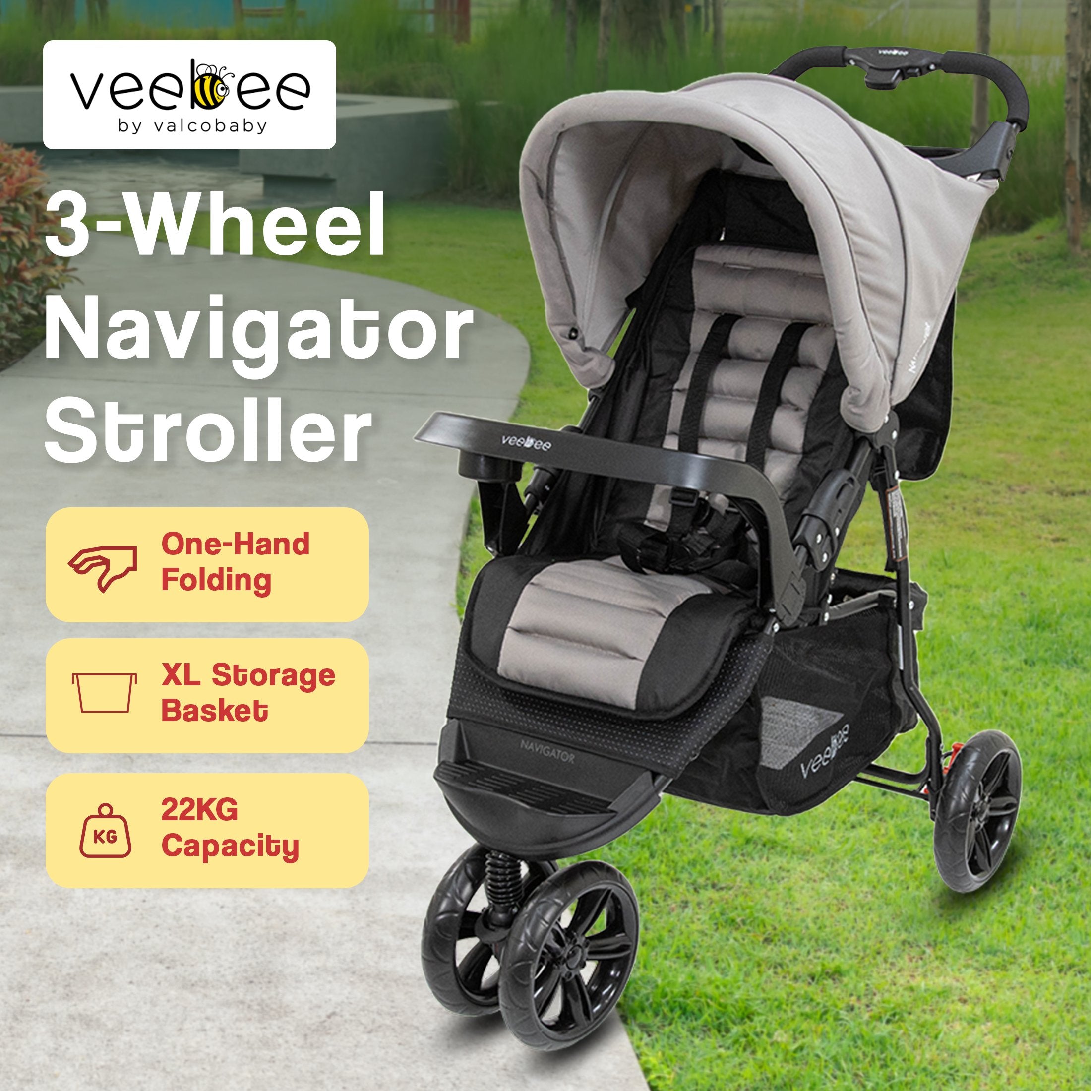 Lightweight 3-Wheel Stroller, UPF 50+ Canopy, Veebee Navigator